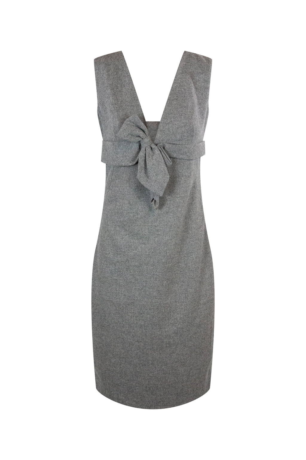Wool Midi Dress with V-Neckline and Ribbon Detail