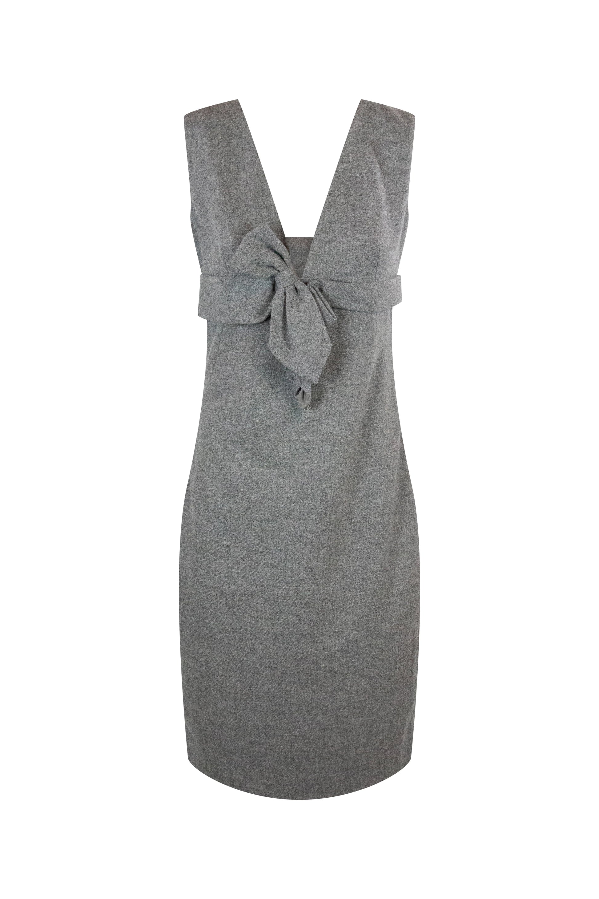 Wool Midi Dress with V-Neckline and Ribbon Detail