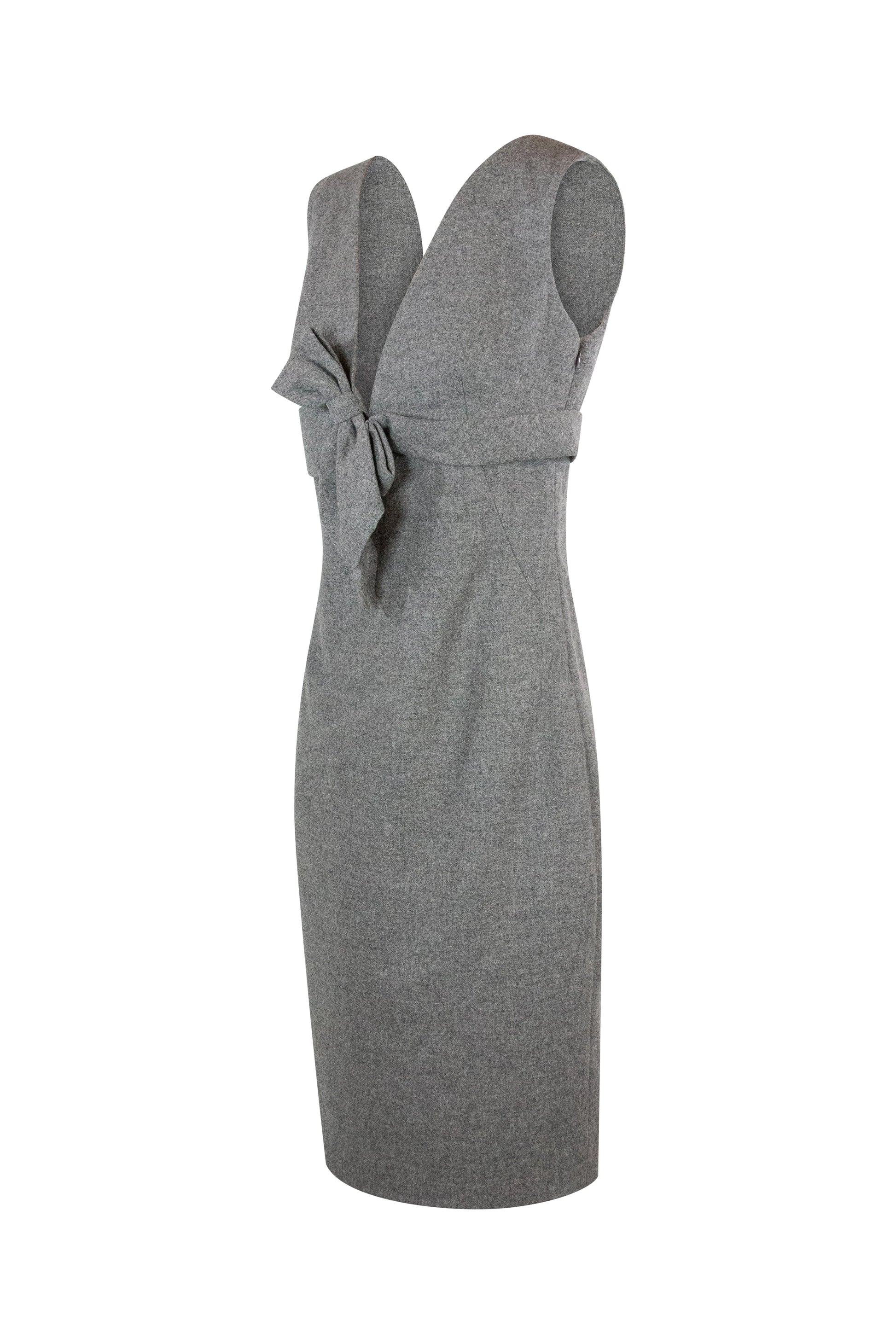 Wool Midi Dress with V-Neckline and Ribbon Detail