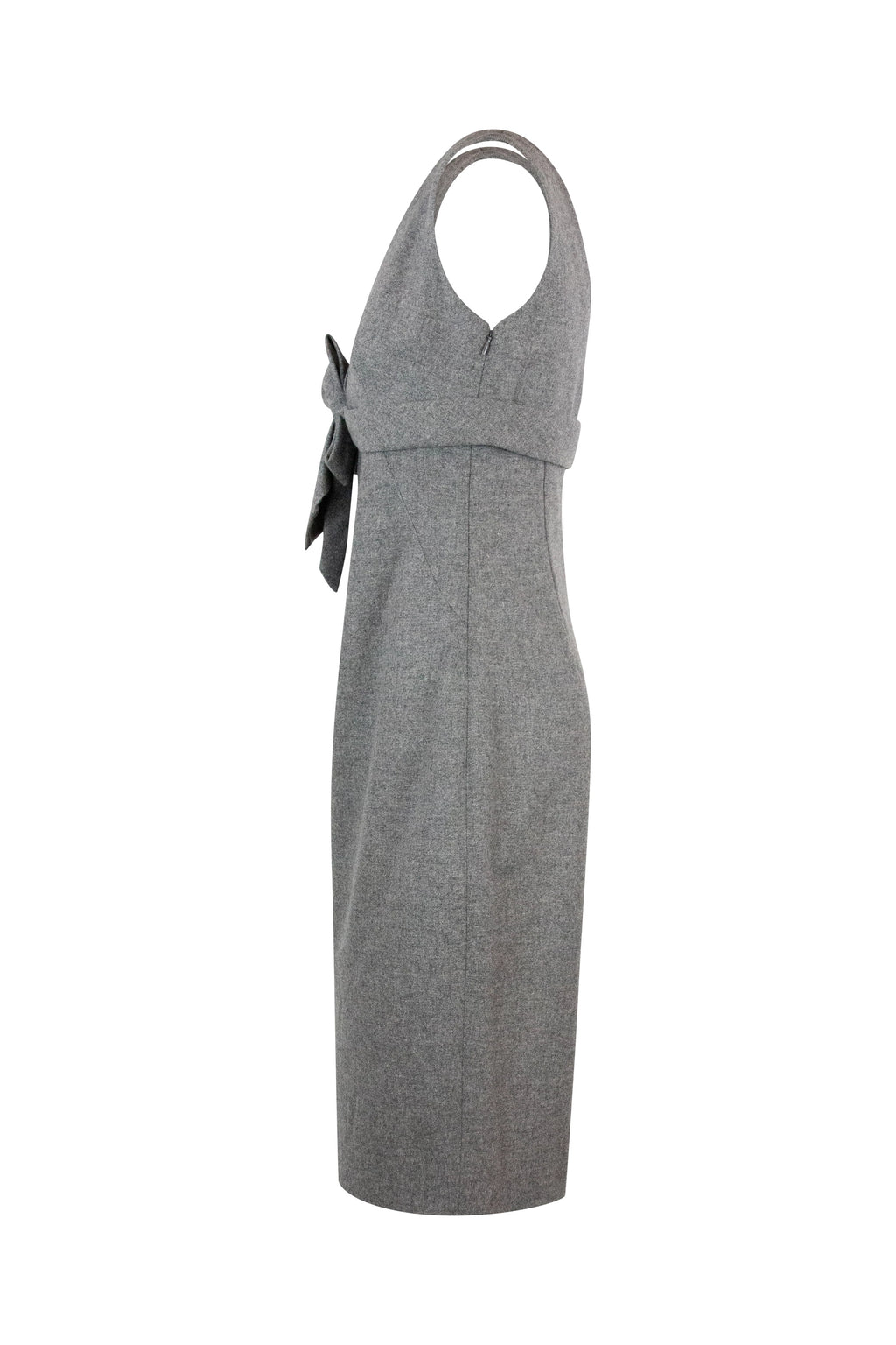 Wool Midi Dress with V-Neckline and Ribbon Detail