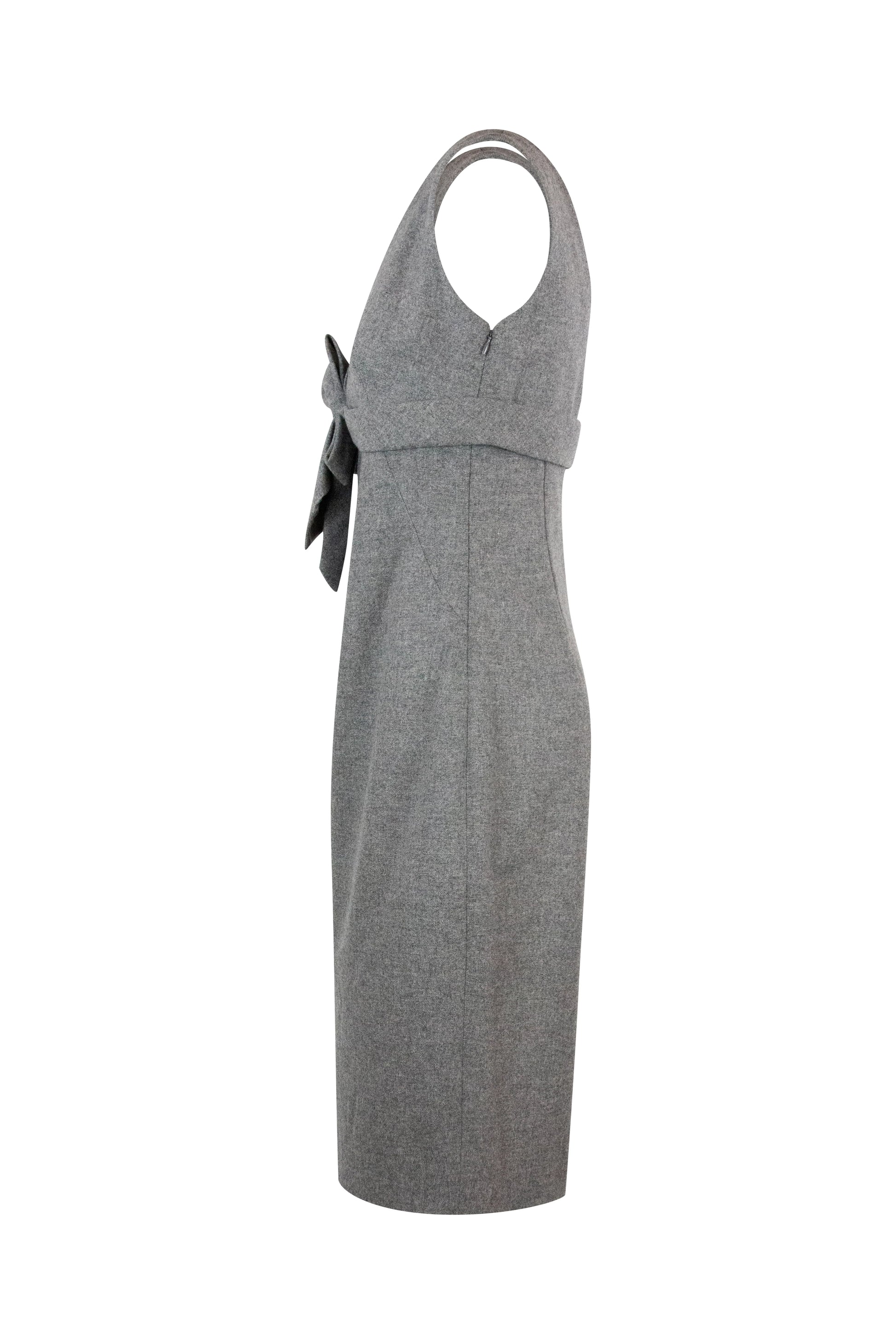 Wool Midi Dress with V-Neckline and Ribbon Detail