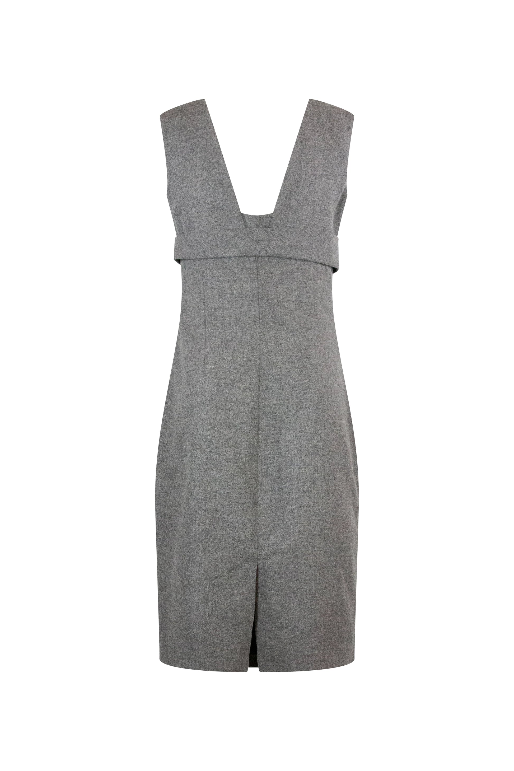 Wool Midi Dress with V-Neckline and Ribbon Detail