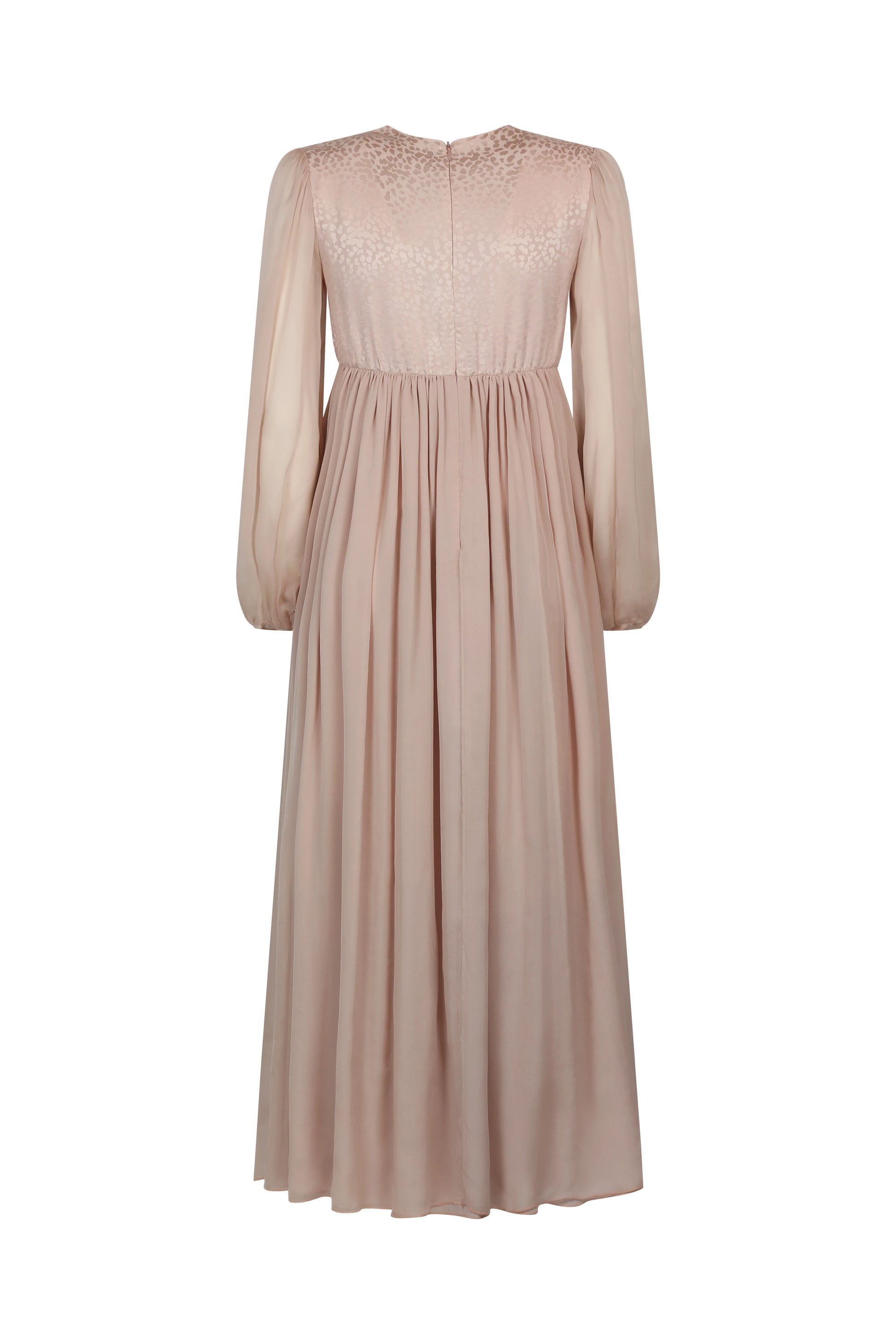 Pale Pink Silk Dress with Leaf Motif and Sheer Sleeves