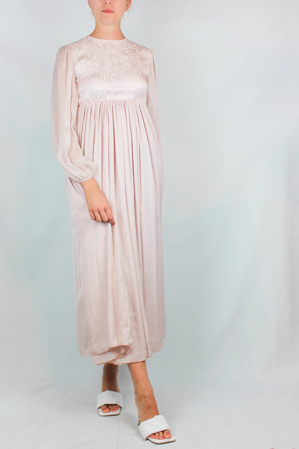Pale Pink Silk Dress with Leaf Motif and Sheer Sleeves