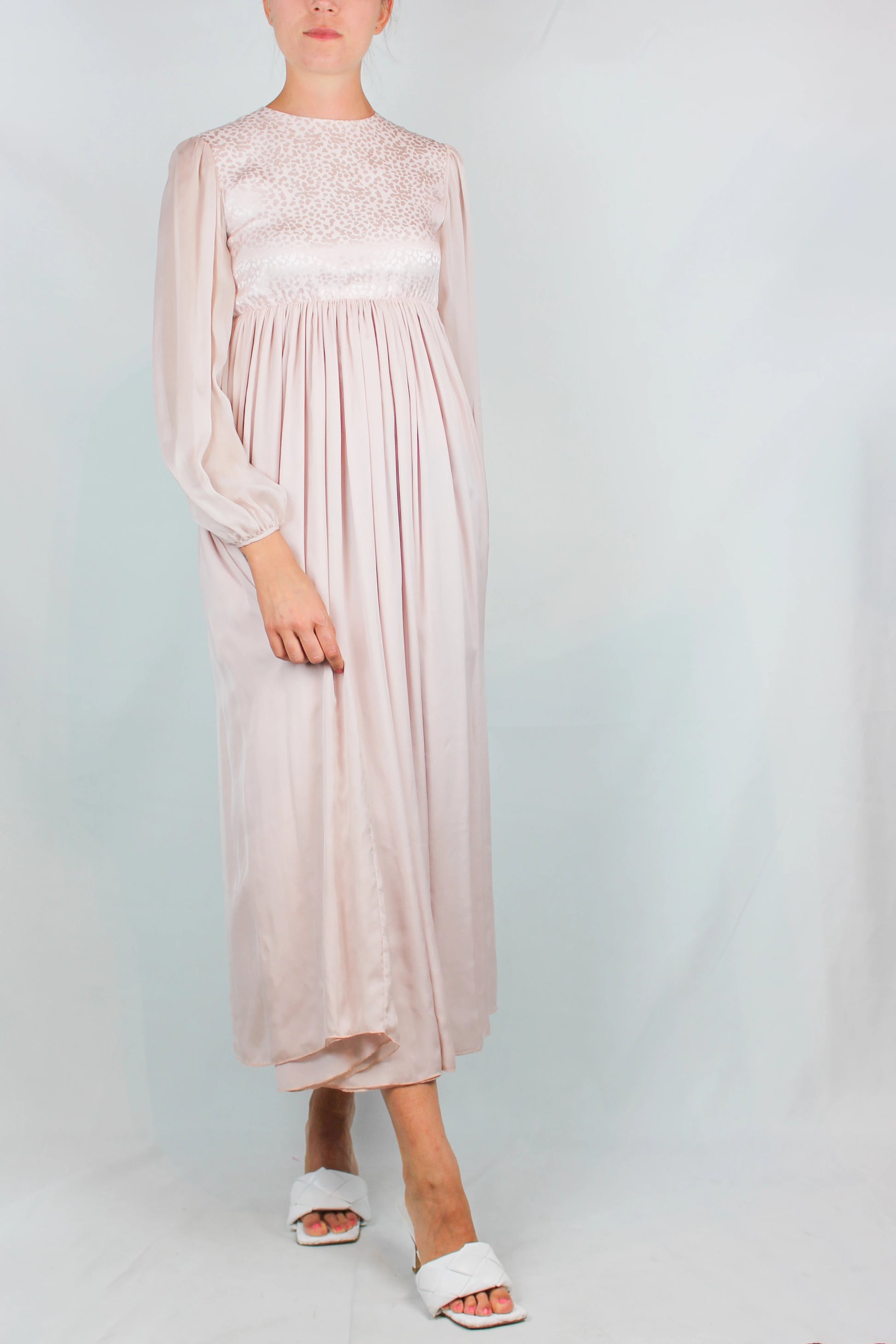 Pale Pink Silk Dress with Leaf Motif and Sheer Sleeves