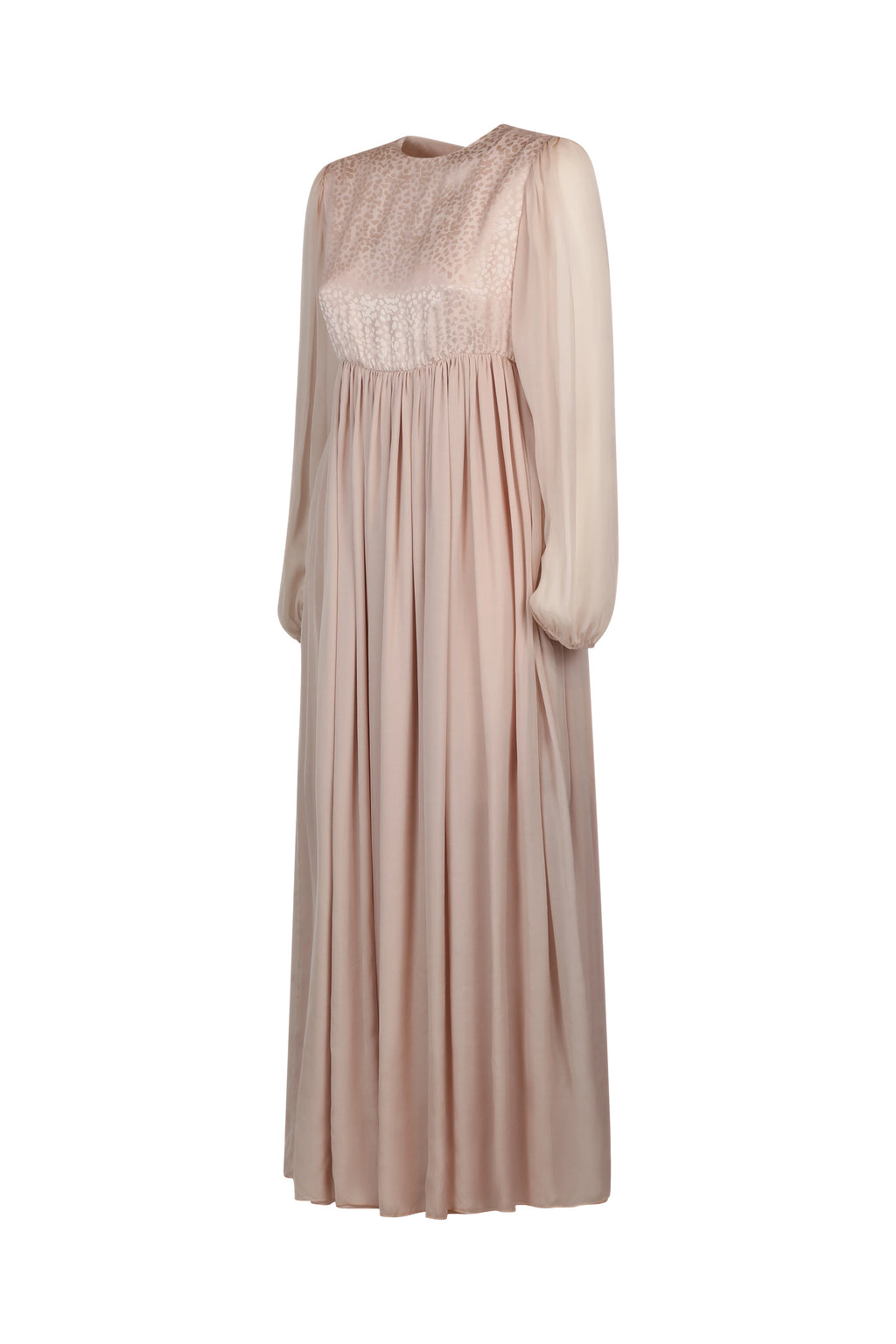 Pale Pink Silk Dress with Leaf Motif and Sheer Sleeves