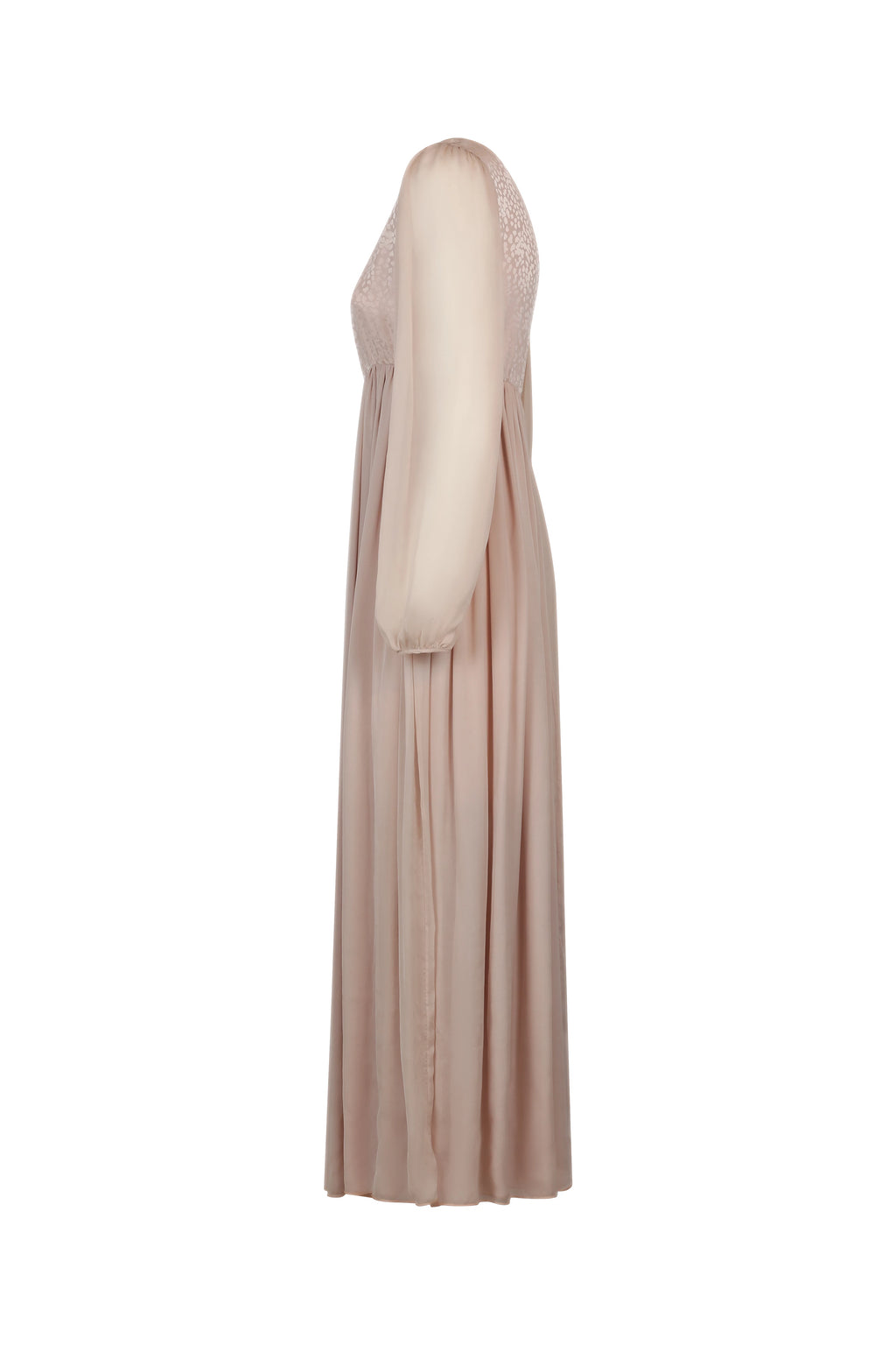 Pale Pink Silk Dress with Leaf Motif and Sheer Sleeves