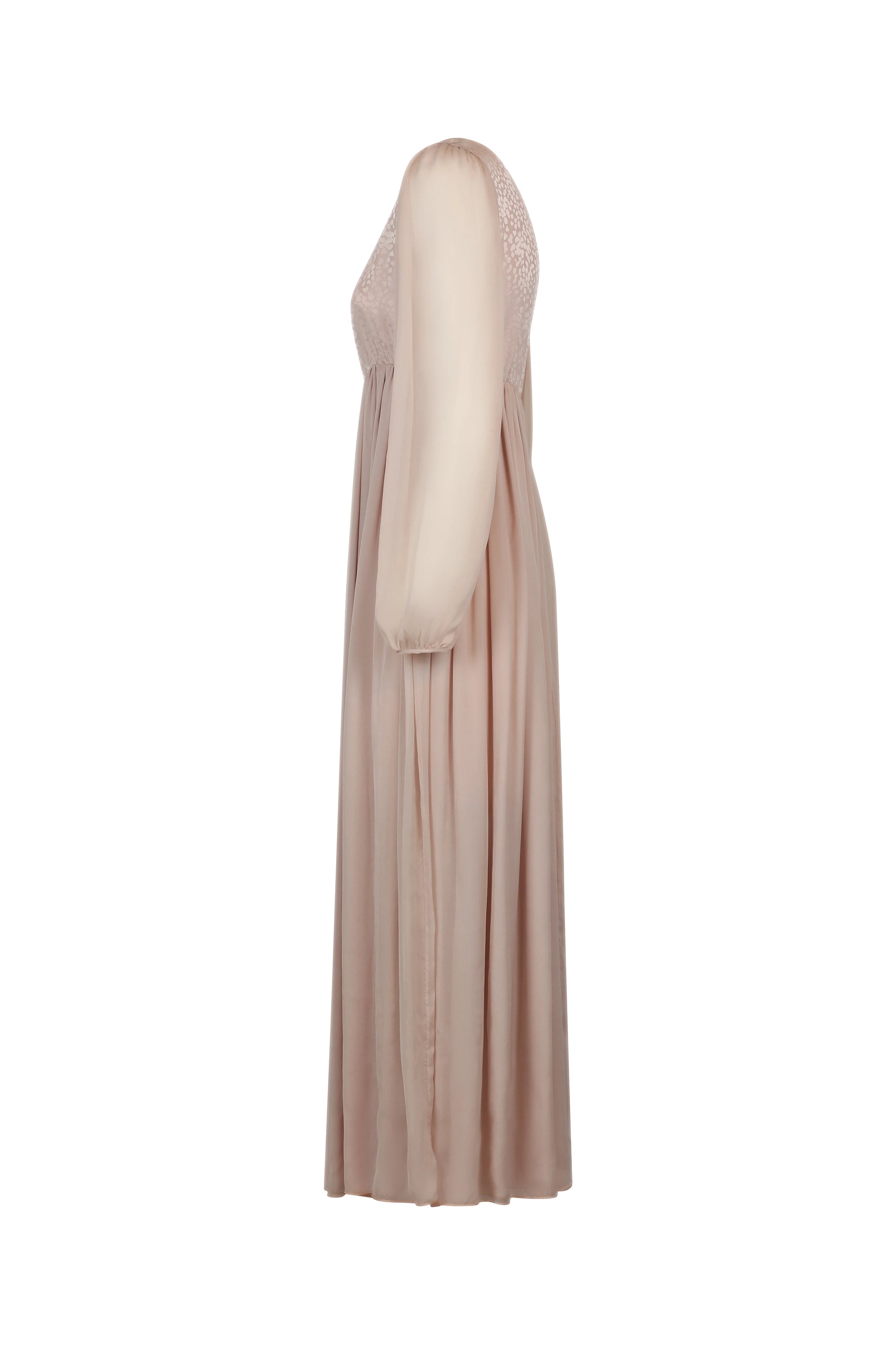 Pale Pink Silk Dress with Leaf Motif and Sheer Sleeves