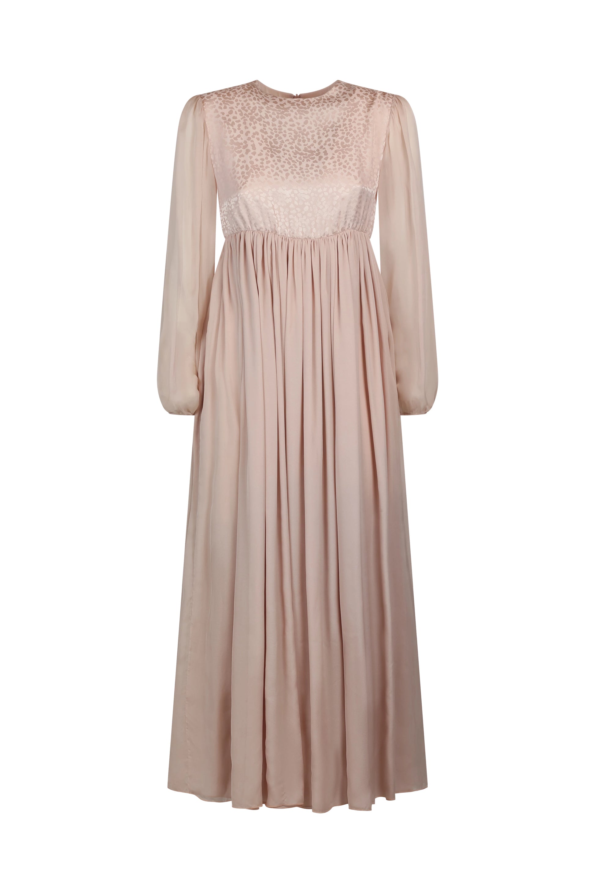Pale Pink Silk Dress with Leaf Motif and Sheer Sleeves