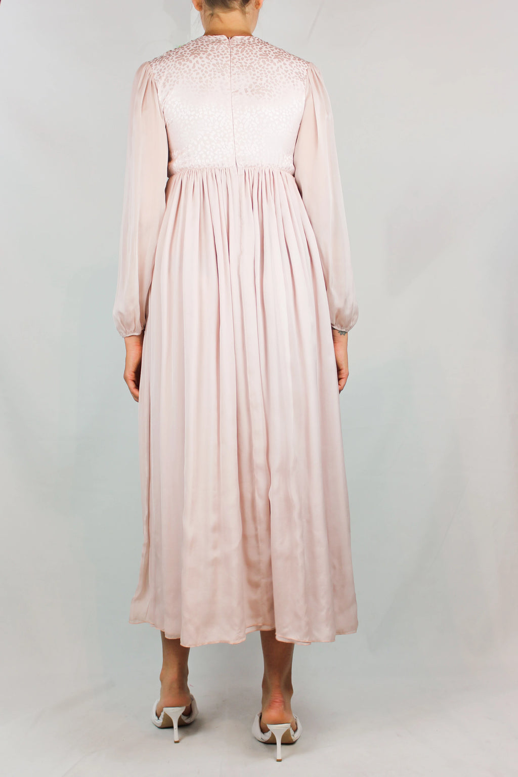 Pale Pink Silk Dress with Leaf Motif and Sheer Sleeves