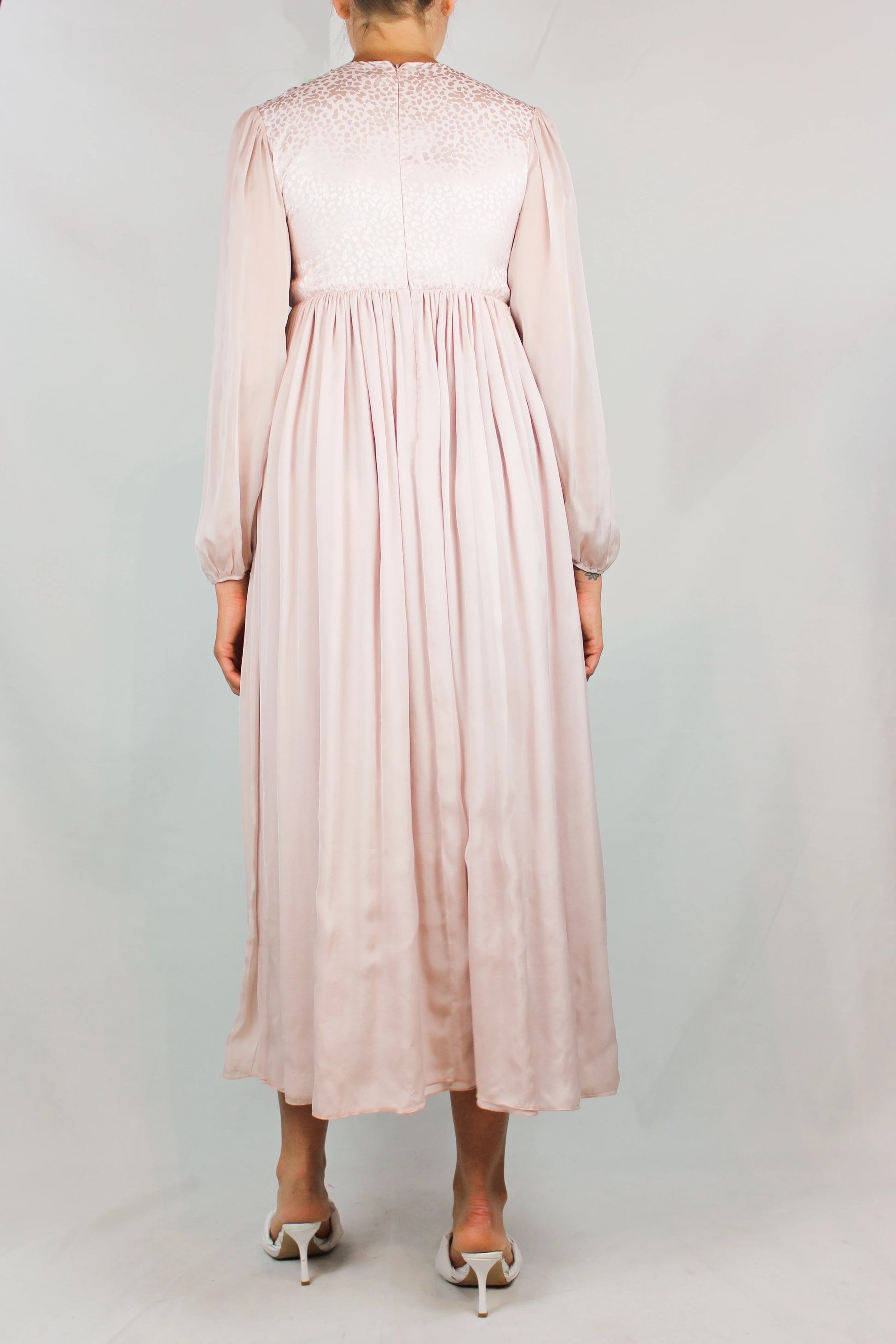 Pale Pink Silk Dress with Leaf Motif and Sheer Sleeves