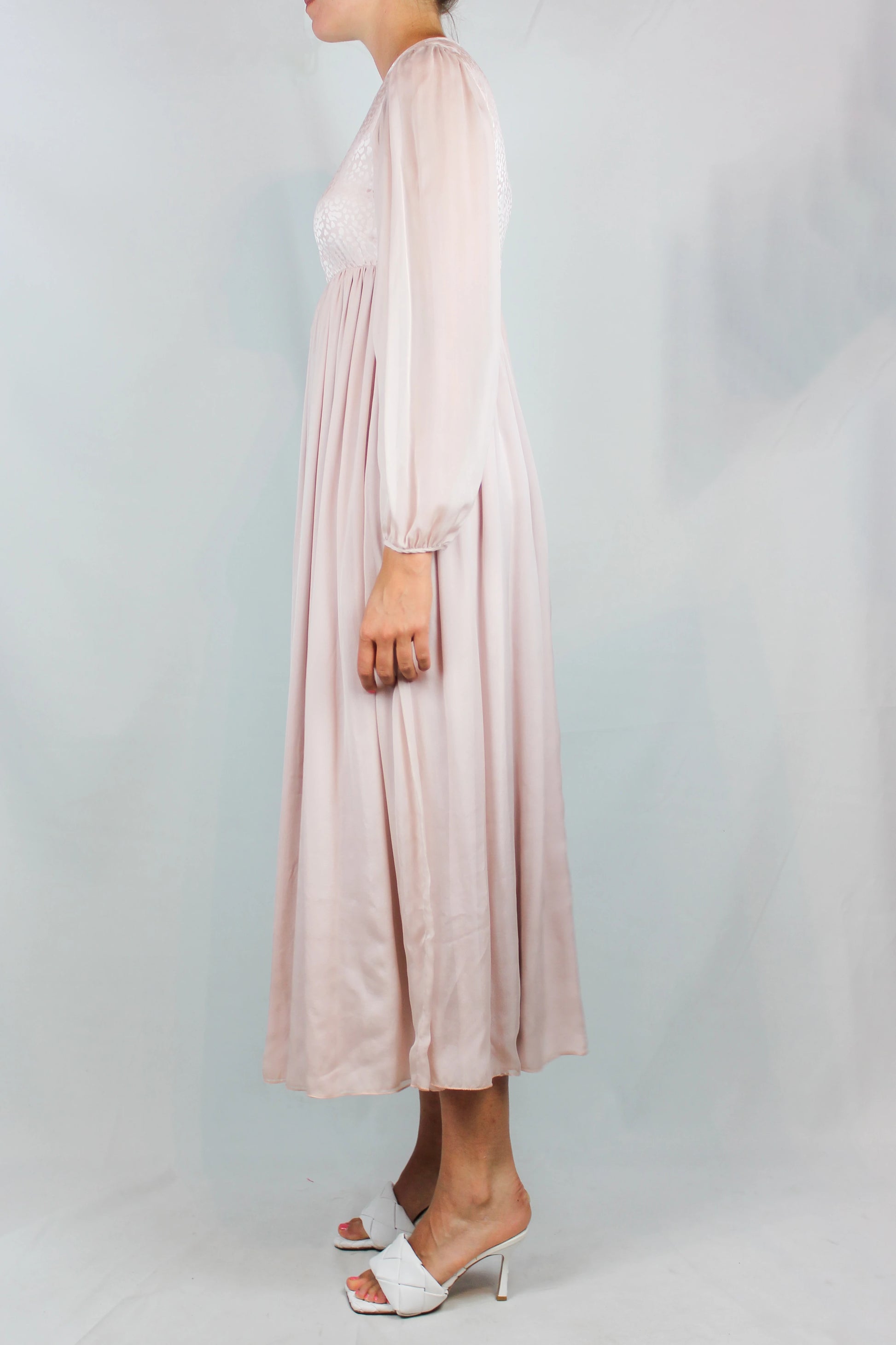 Pale Pink Silk Dress with Leaf Motif and Sheer Sleeves