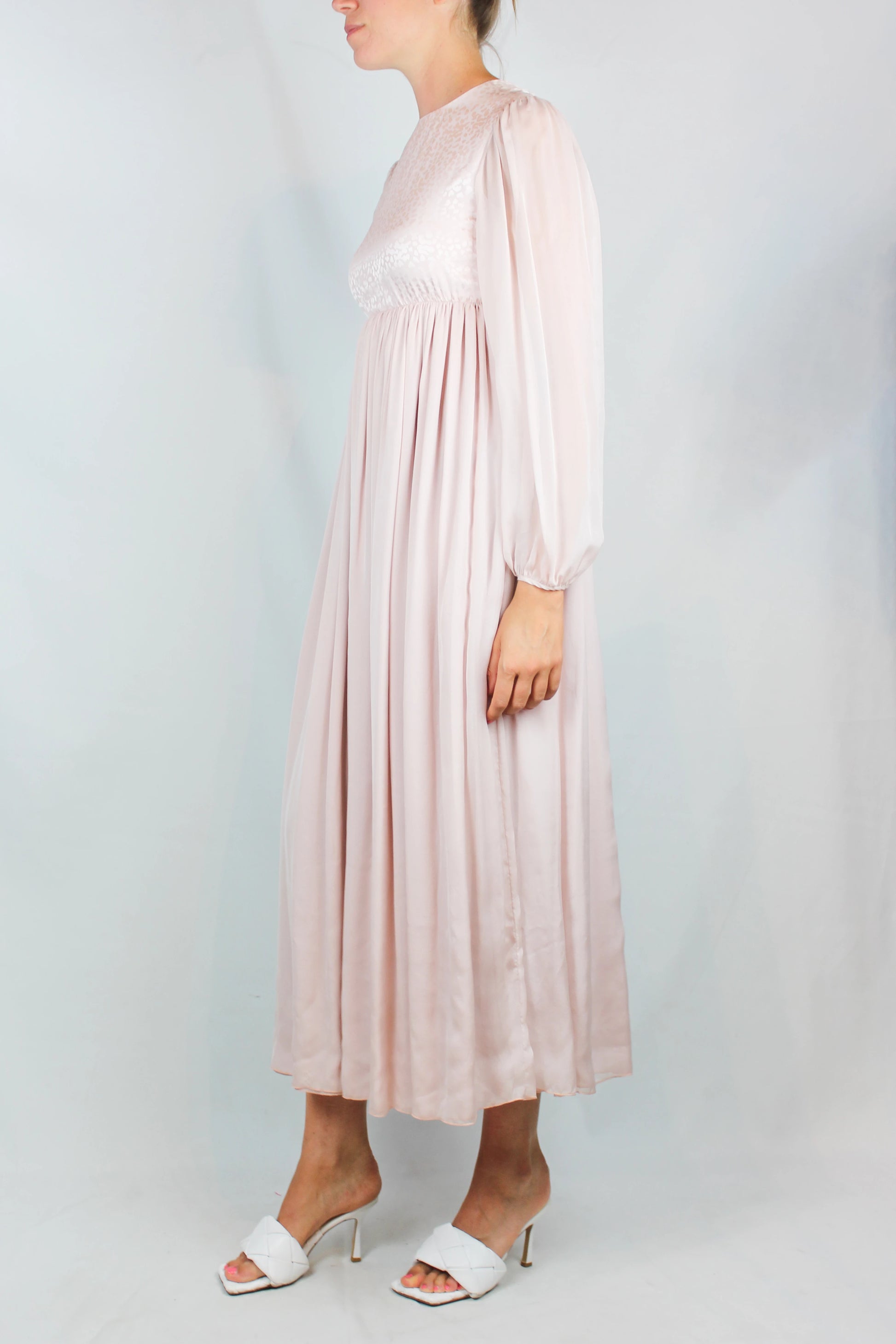 Pale Pink Silk Dress with Leaf Motif and Sheer Sleeves