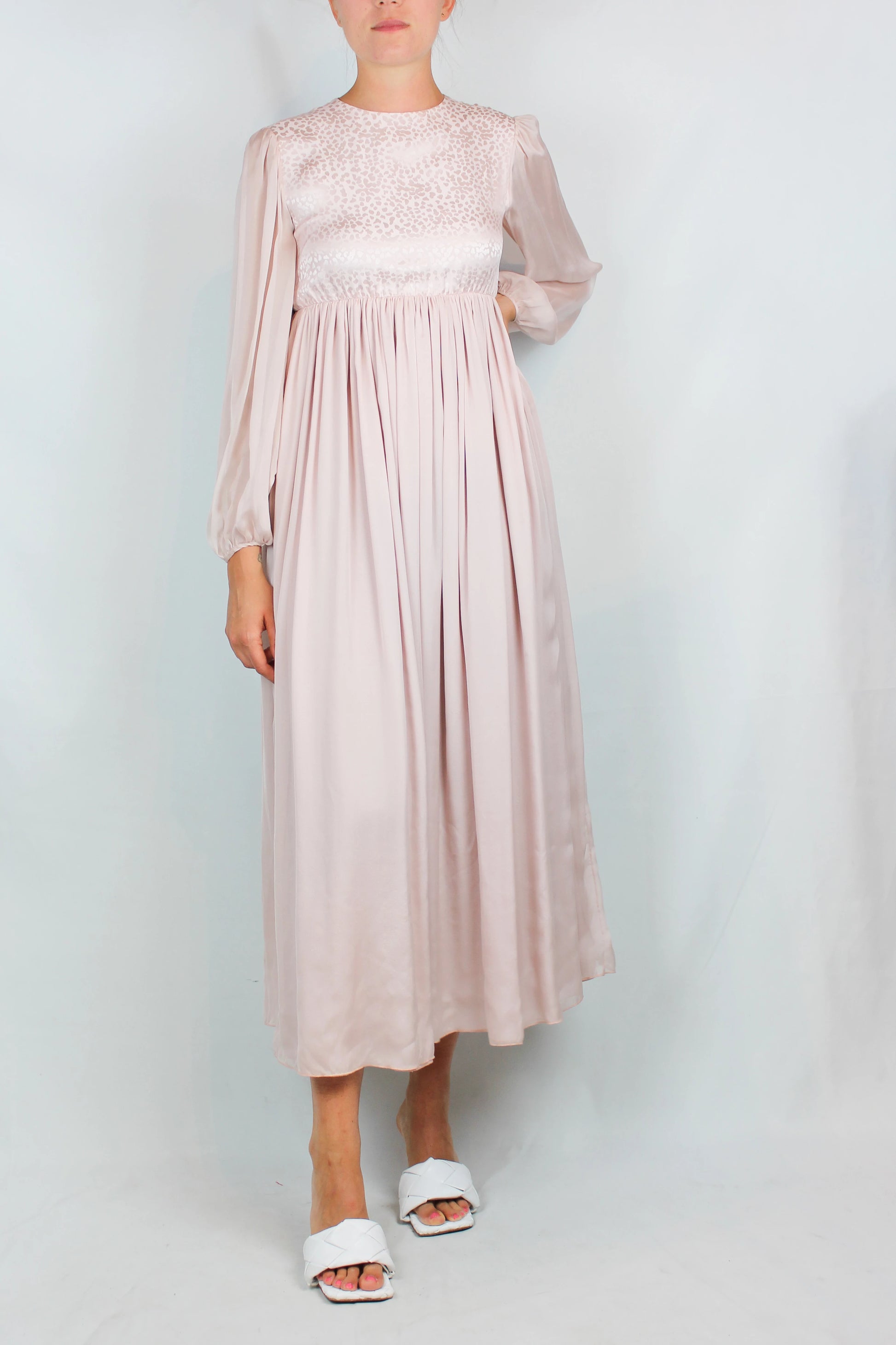 Pale Pink Silk Dress with Leaf Motif and Sheer Sleeves