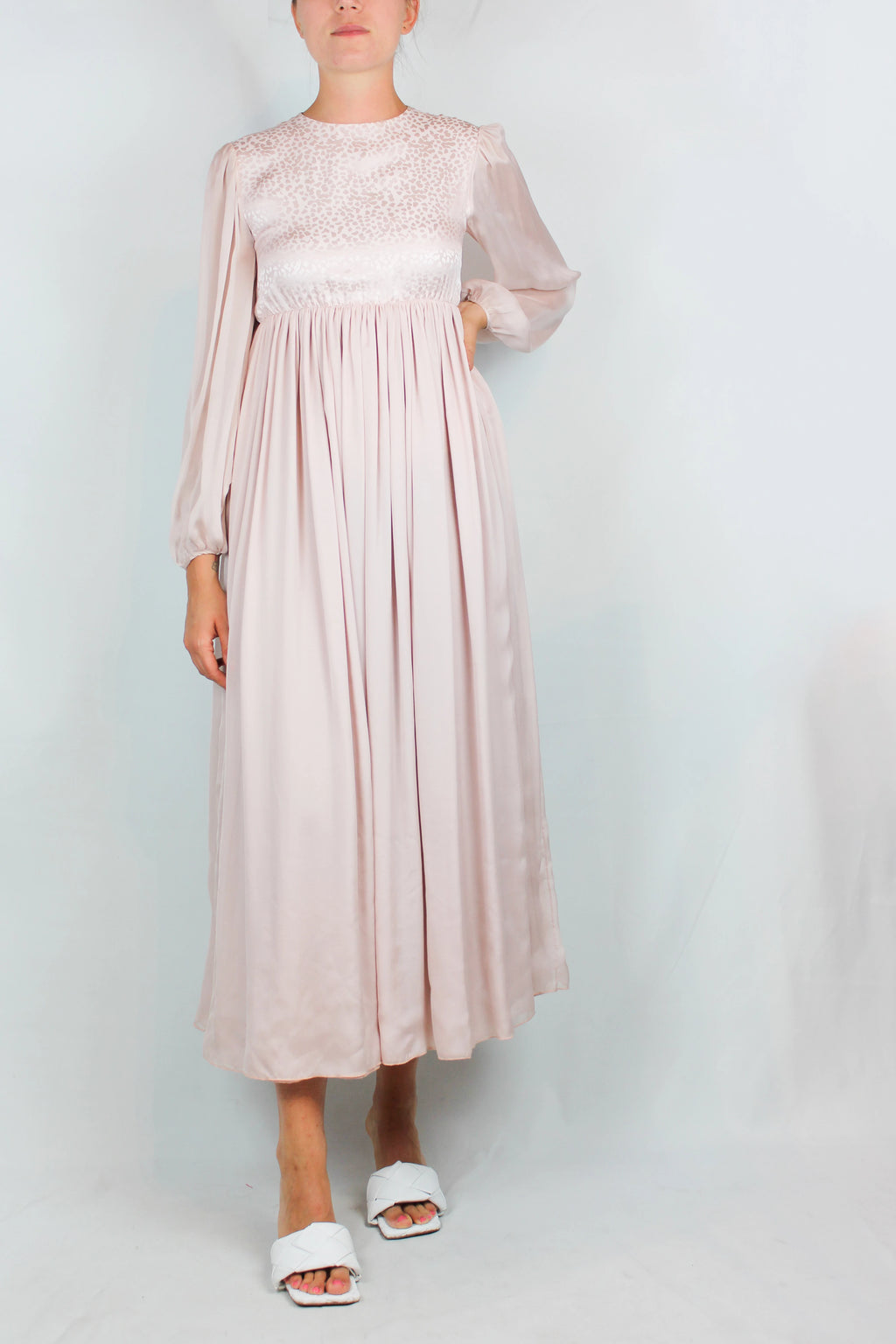 Pale Pink Silk Dress with Leaf Motif and Sheer Sleeves
