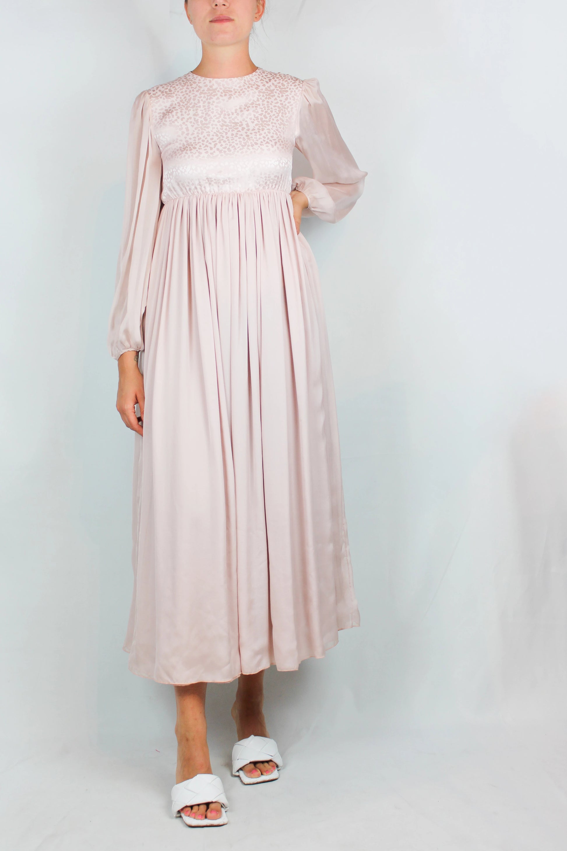 Pale Pink Silk Dress with Leaf Motif and Sheer Sleeves