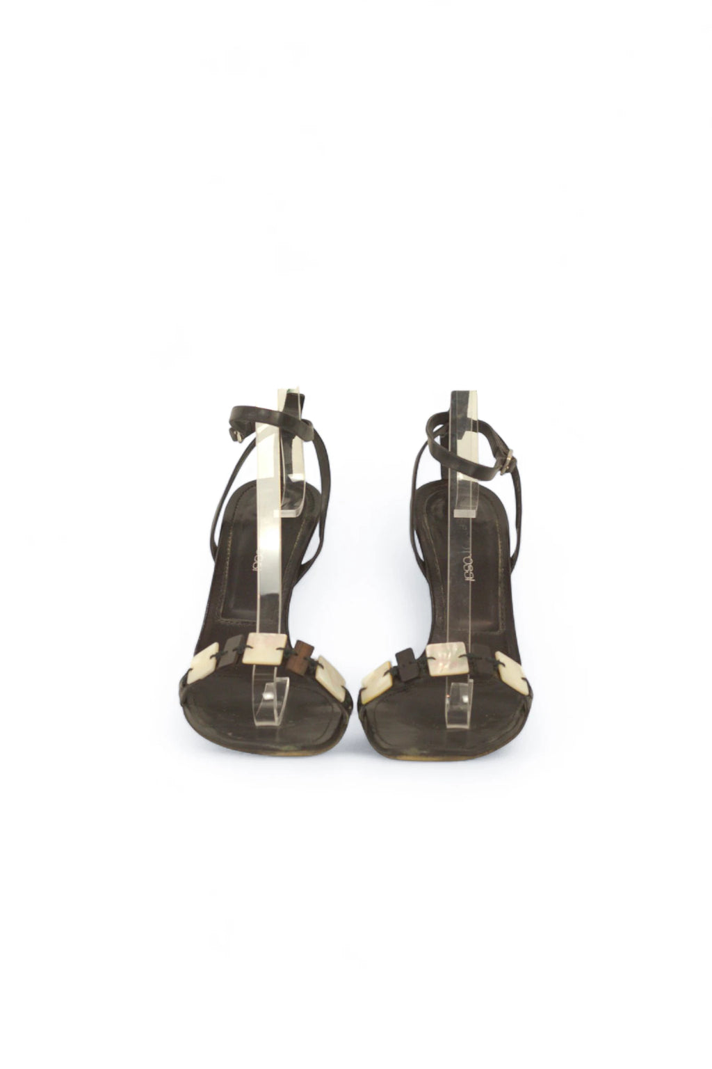 Black Sandals with Shell and Wood Square Embellishments