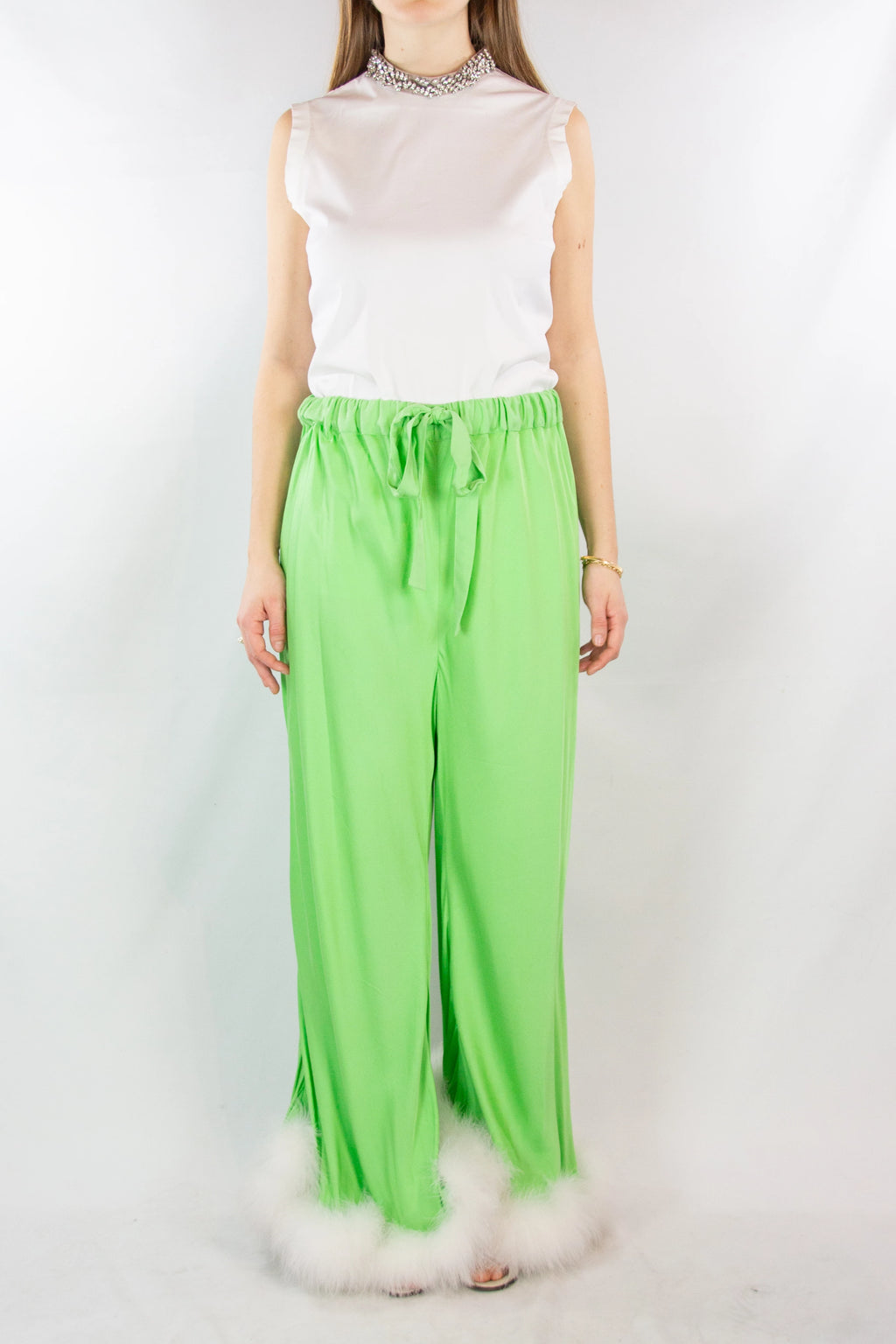 Green Palazzo Pants with Feather Trim