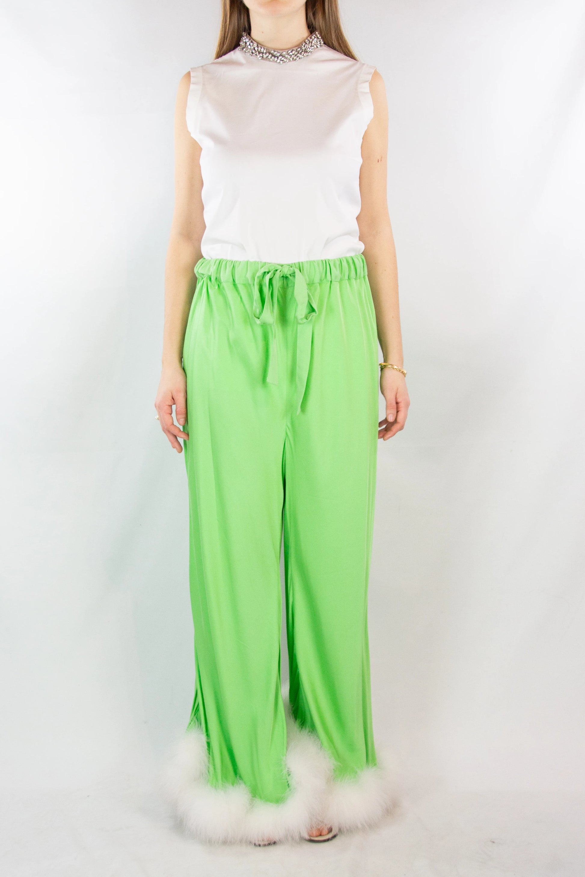 Green Palazzo Pants with Feather Trim