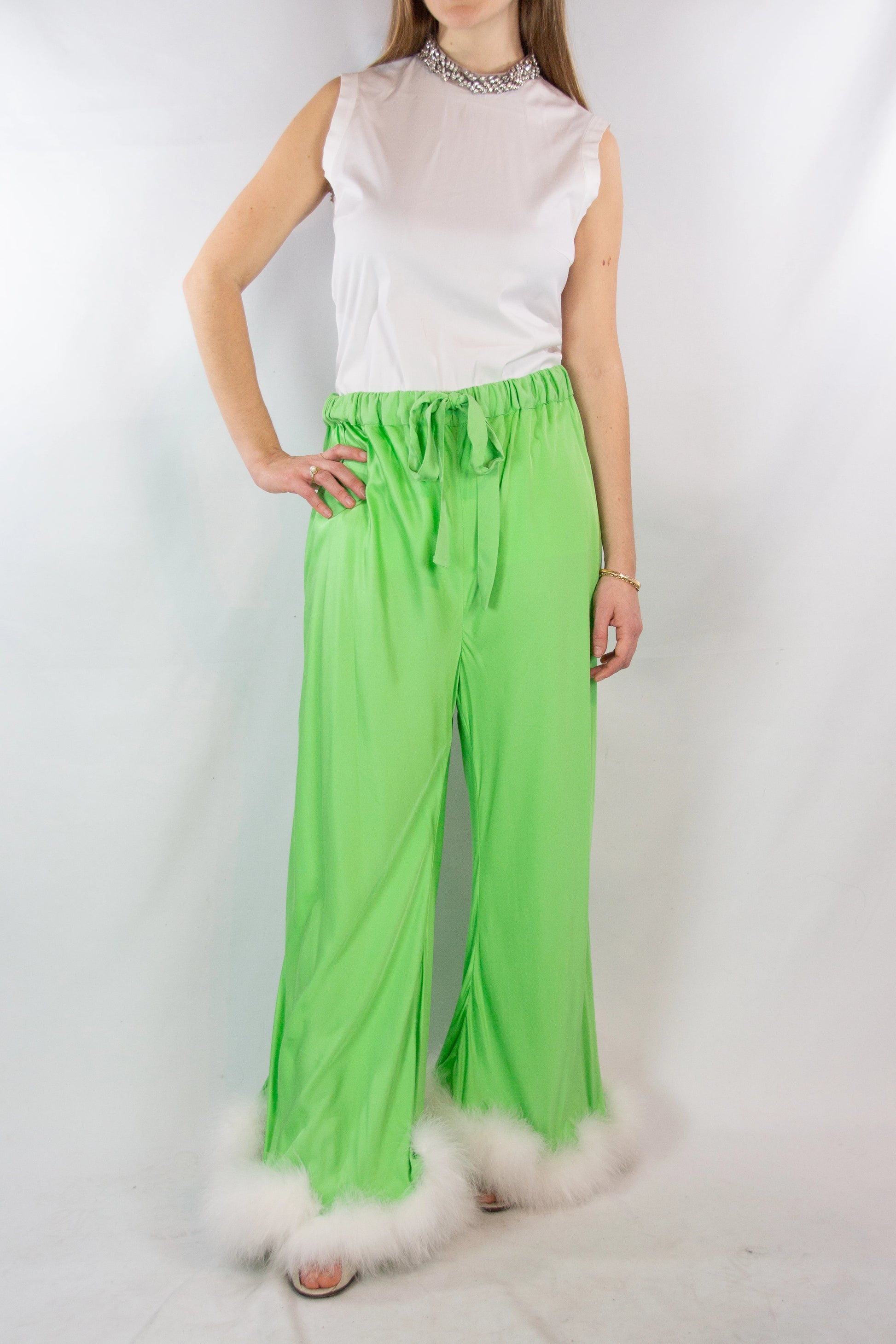 Green Palazzo Pants with Feather Trim
