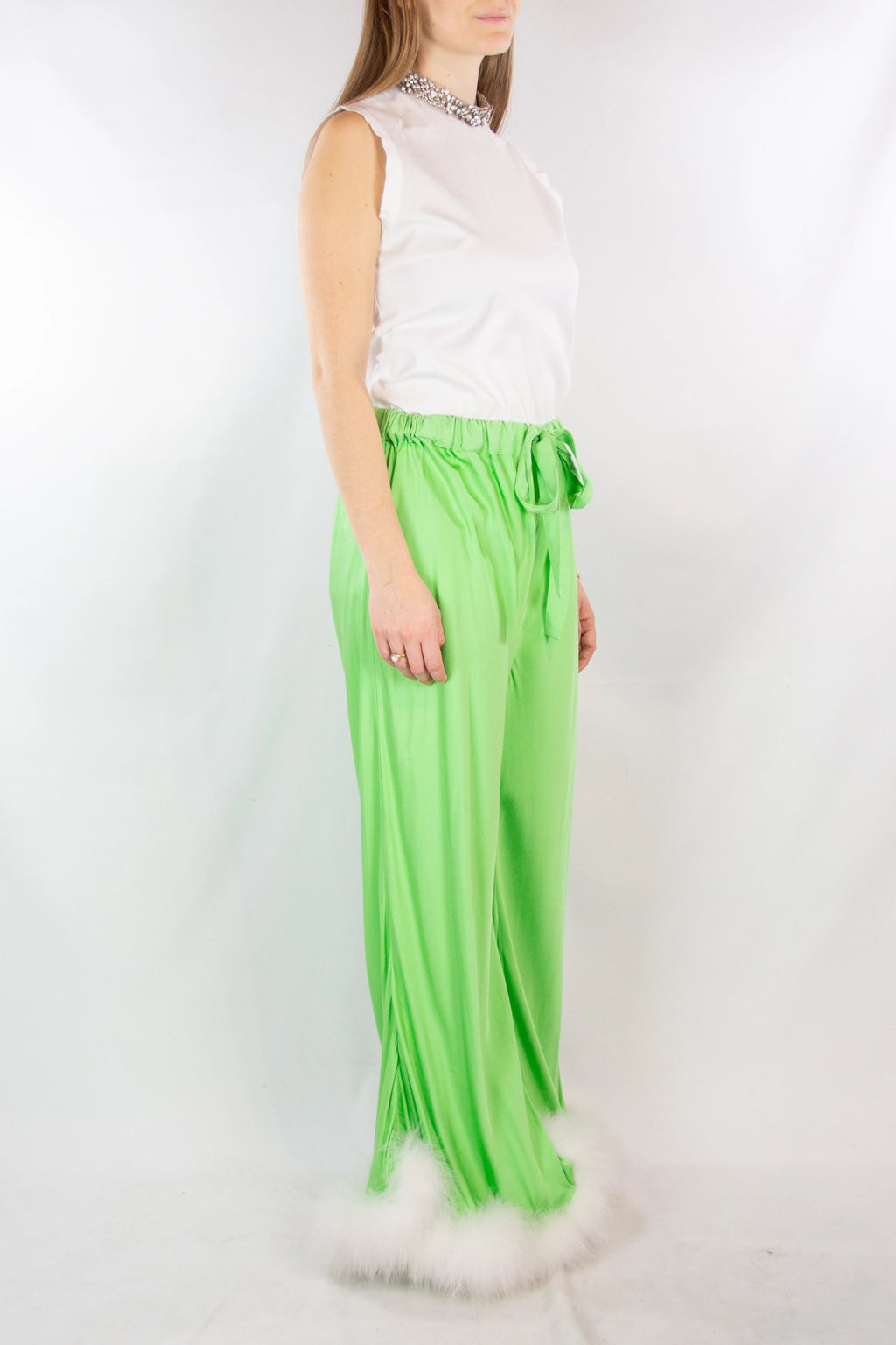 Green Palazzo Pants with Feather Trim