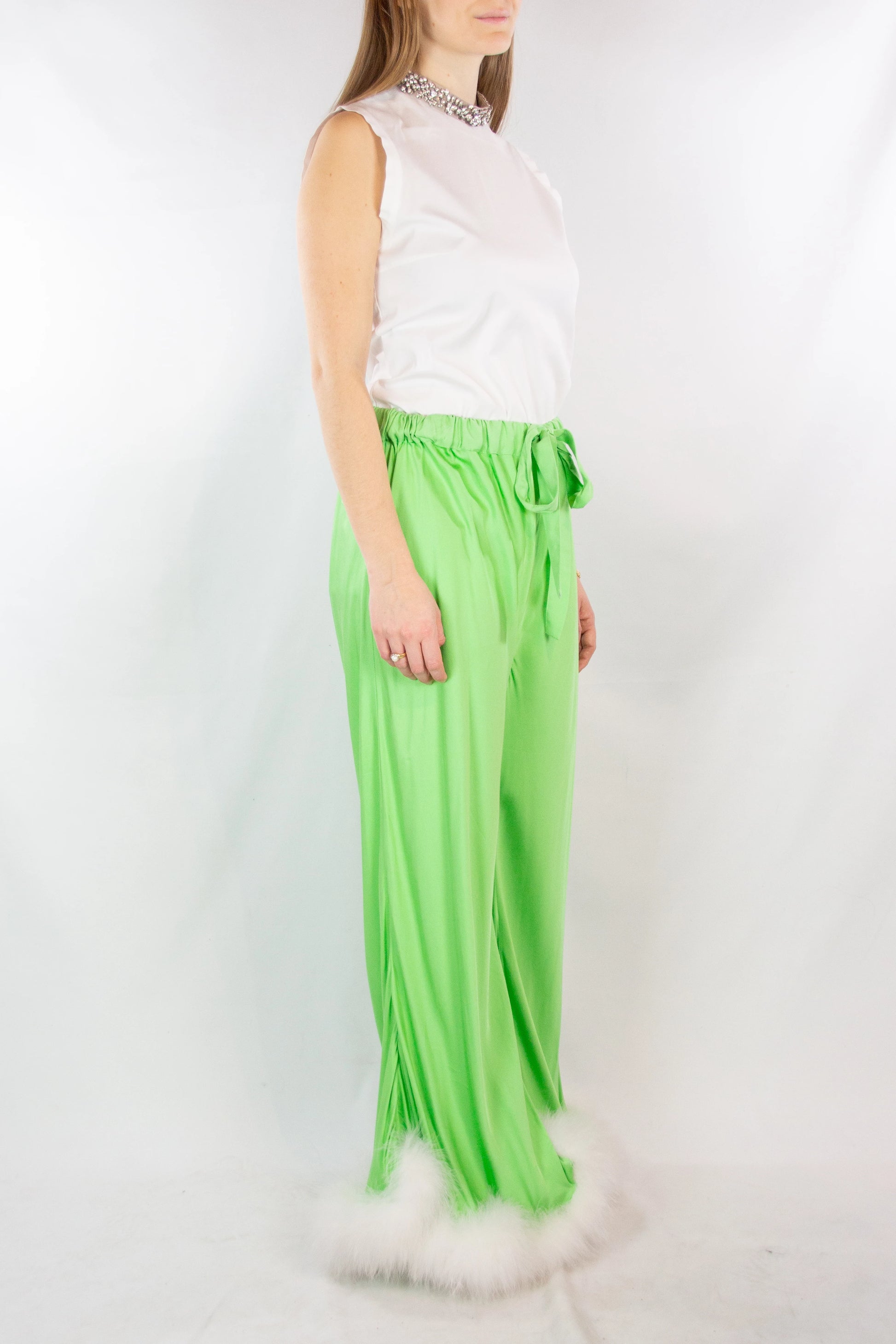 Green Palazzo Pants with Feather Trim