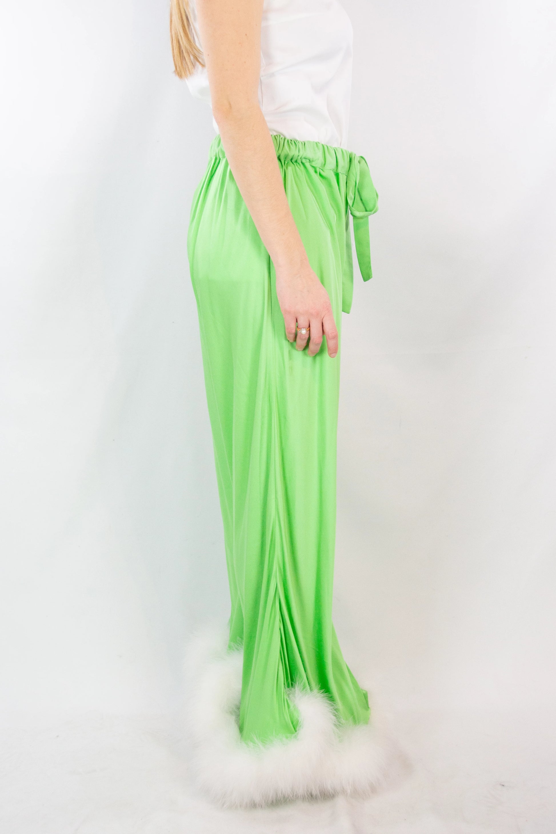 Green Palazzo Pants with Feather Trim