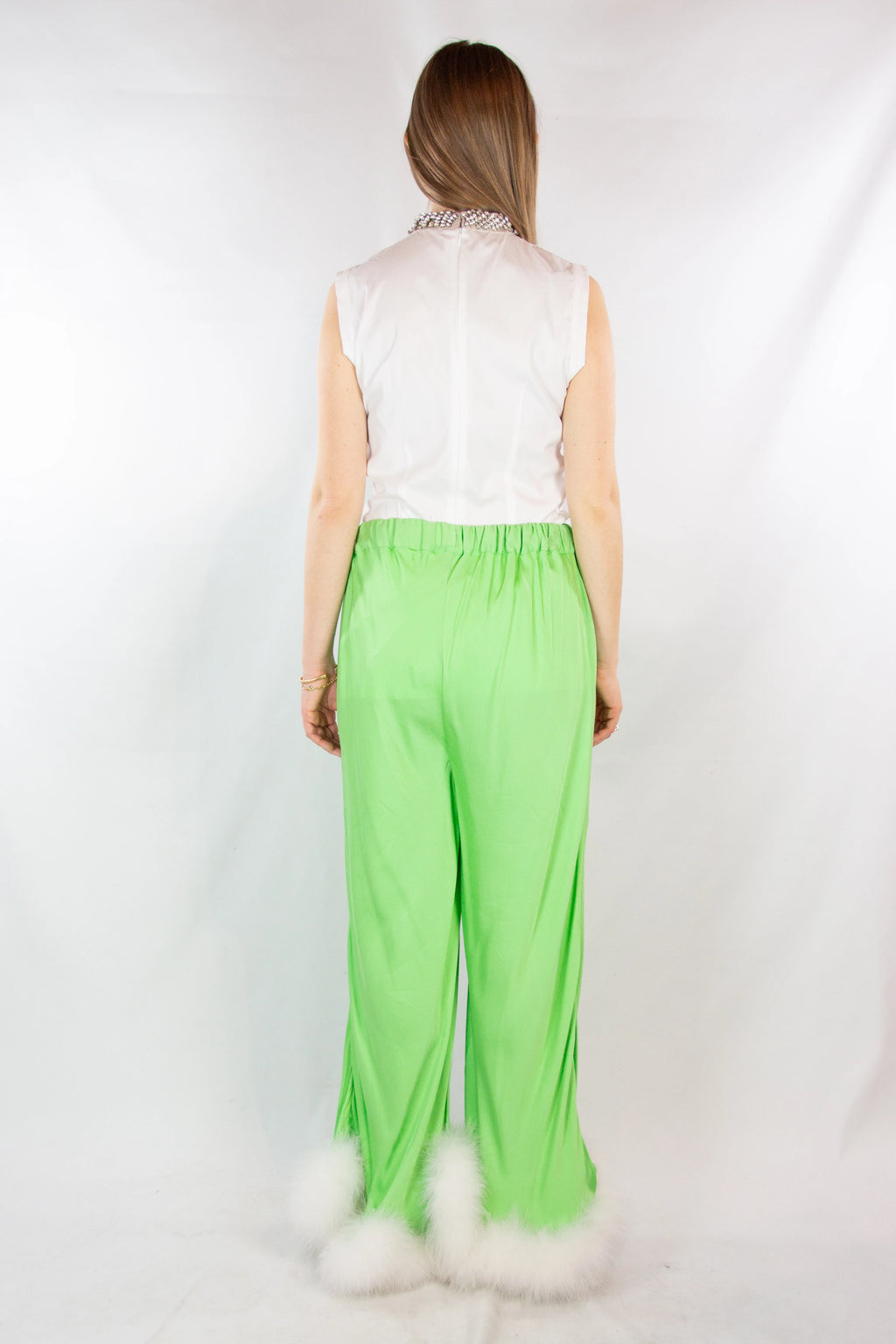 Green Palazzo Pants with Feather Trim