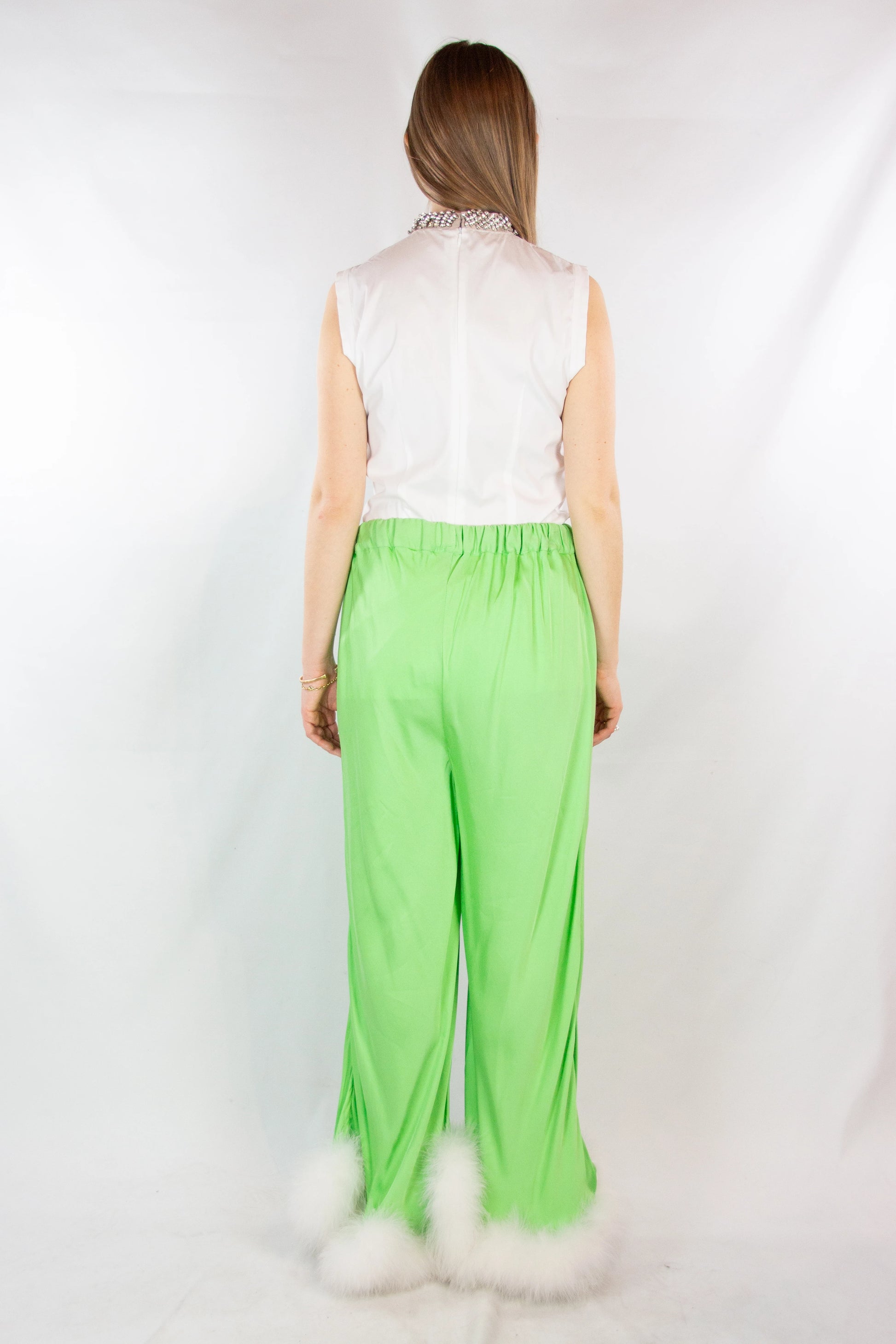 Green Palazzo Pants with Feather Trim
