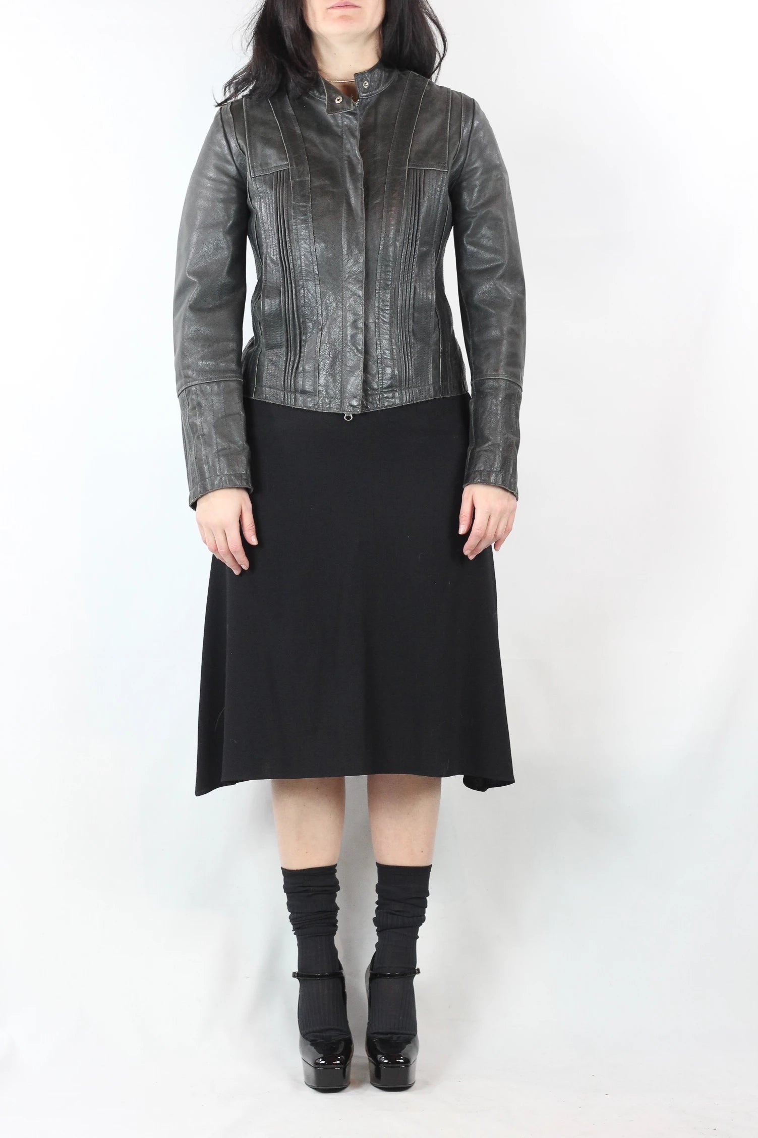 Anthracite Leather Biker Jacket with Vertical Texture