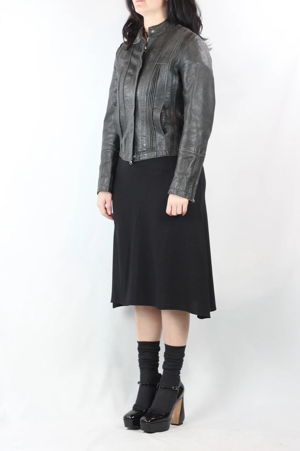 Anthracite Leather Biker Jacket with Vertical Texture