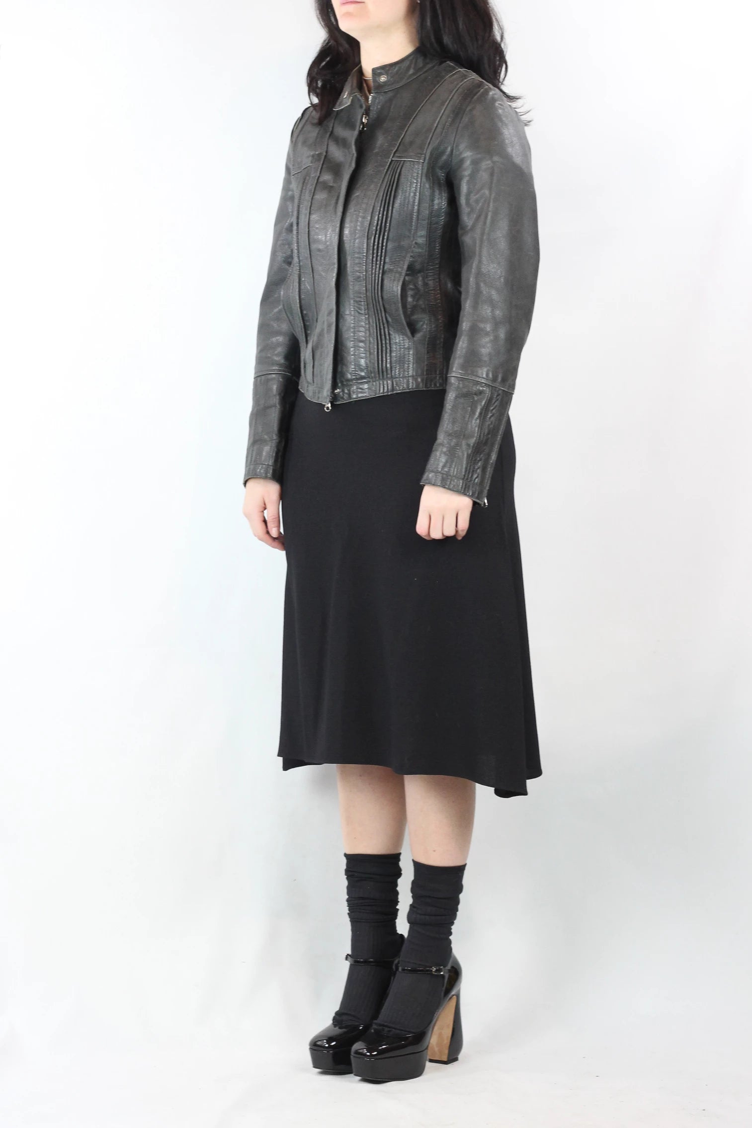 Anthracite Leather Biker Jacket with Vertical Texture