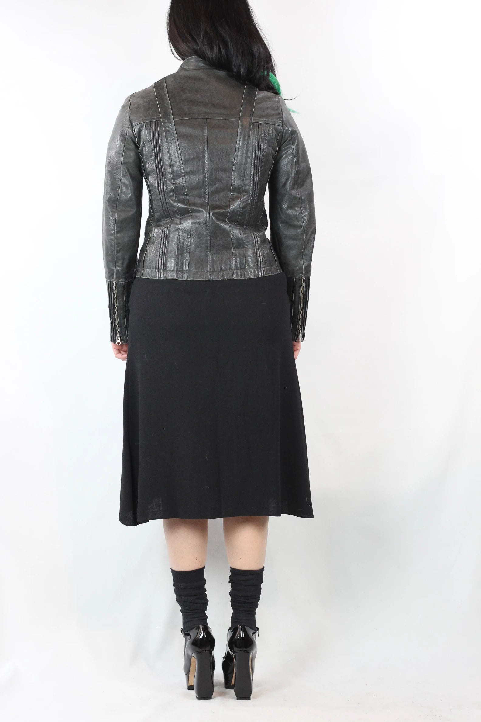 Anthracite Leather Biker Jacket with Vertical Texture