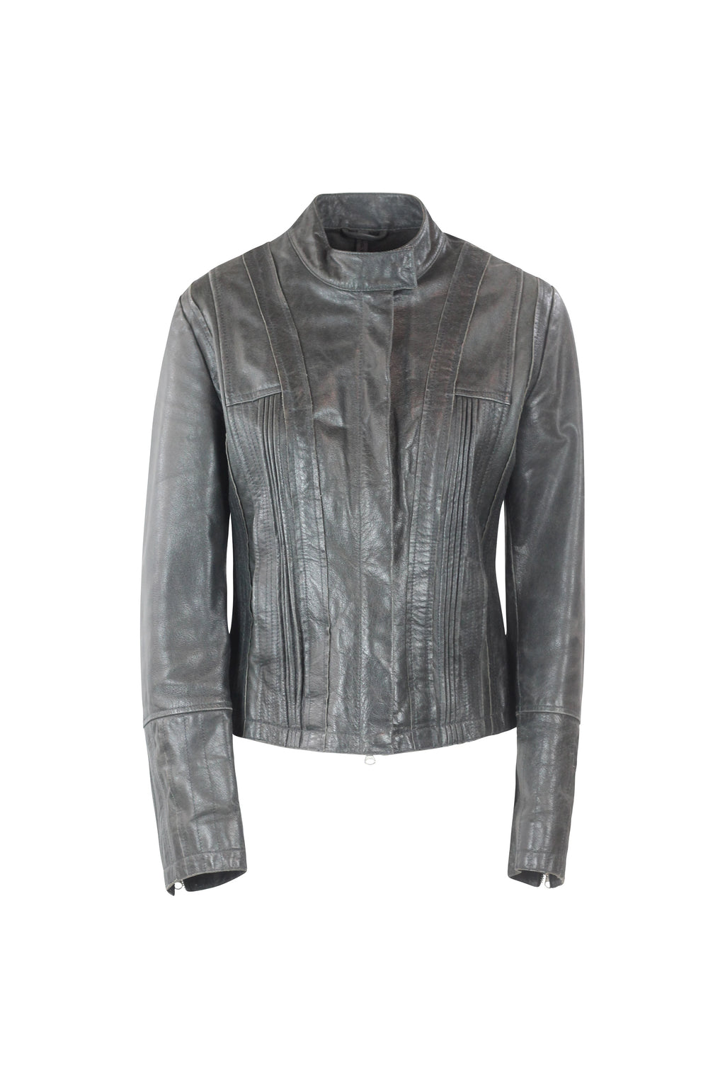 Anthracite Leather Biker Jacket with Vertical Texture