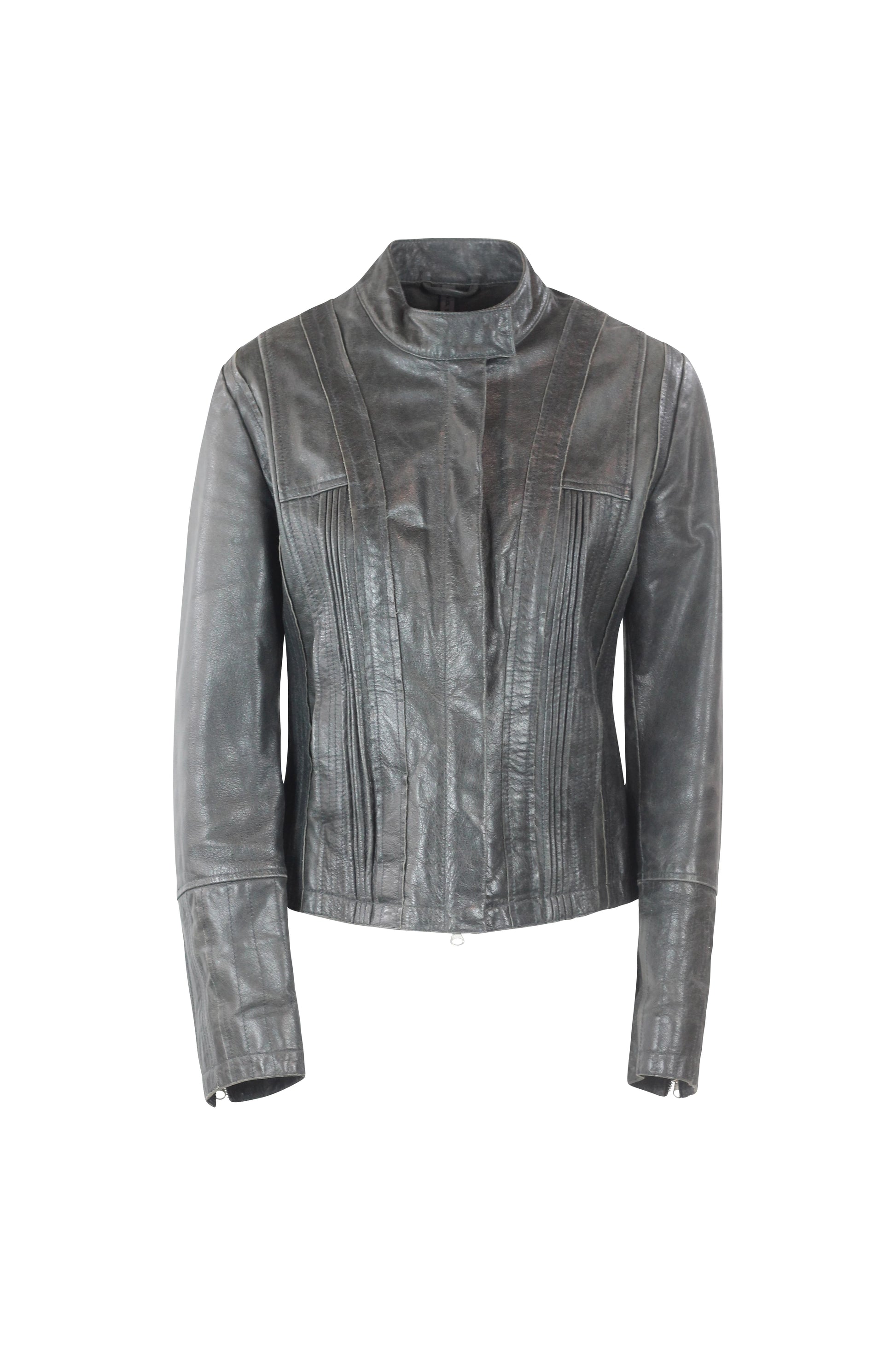 Anthracite Leather Biker Jacket with Vertical Texture