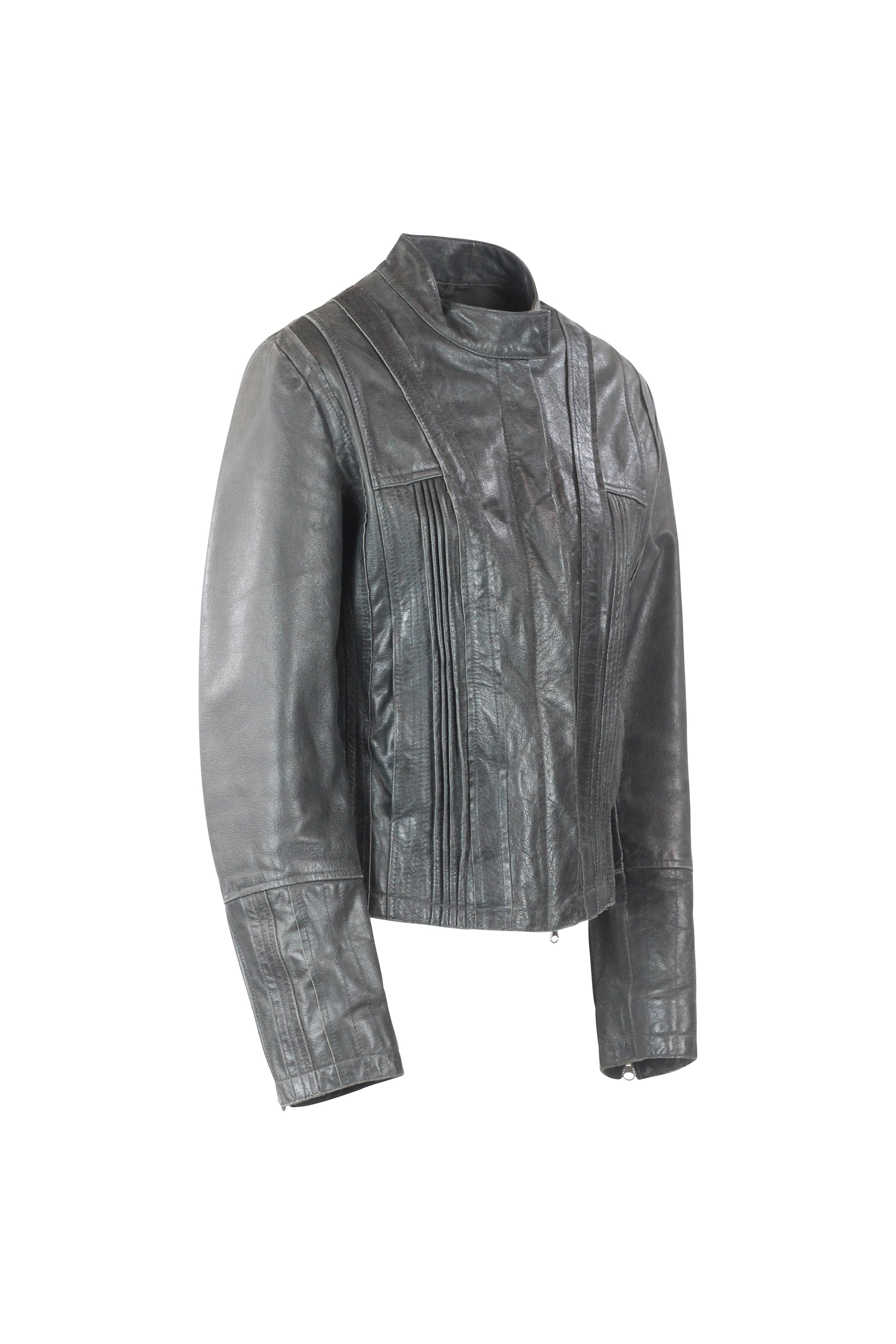 Anthracite Leather Biker Jacket with Vertical Texture