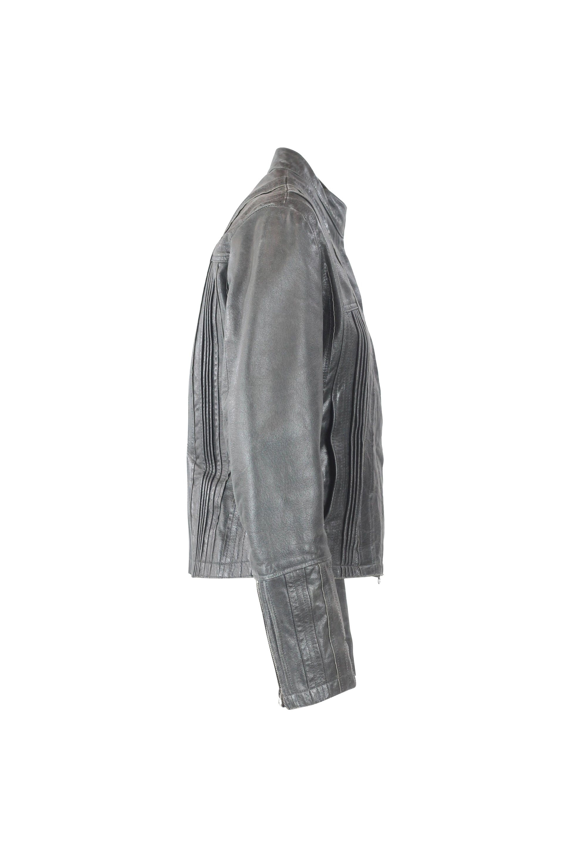 Anthracite Leather Biker Jacket with Vertical Texture