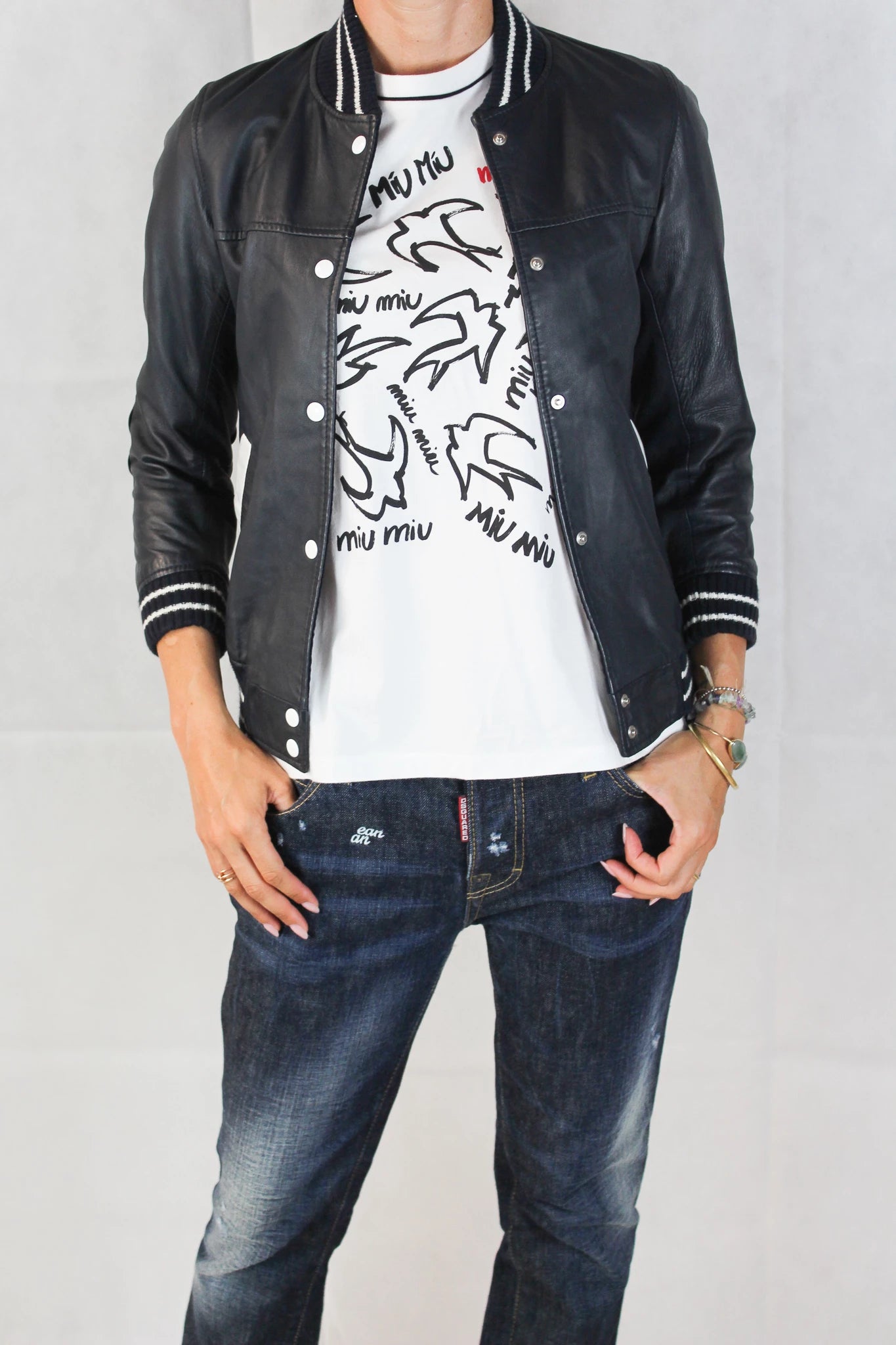 Blue Leather Cropped Bomber Jacket