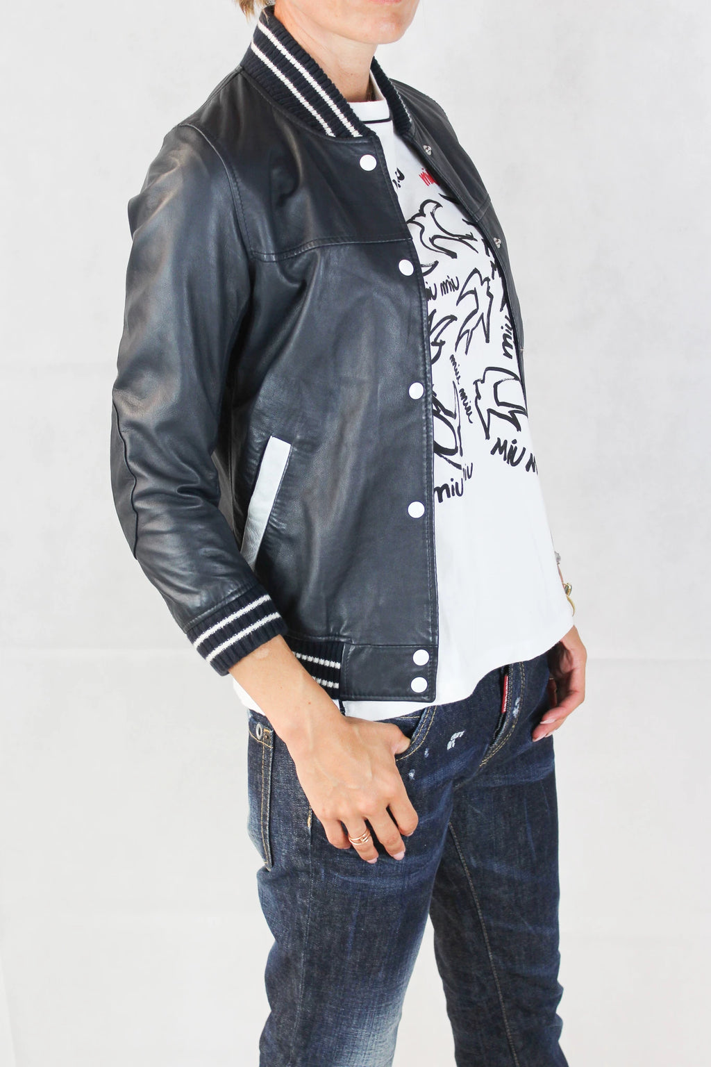 Blue Leather Cropped Bomber Jacket