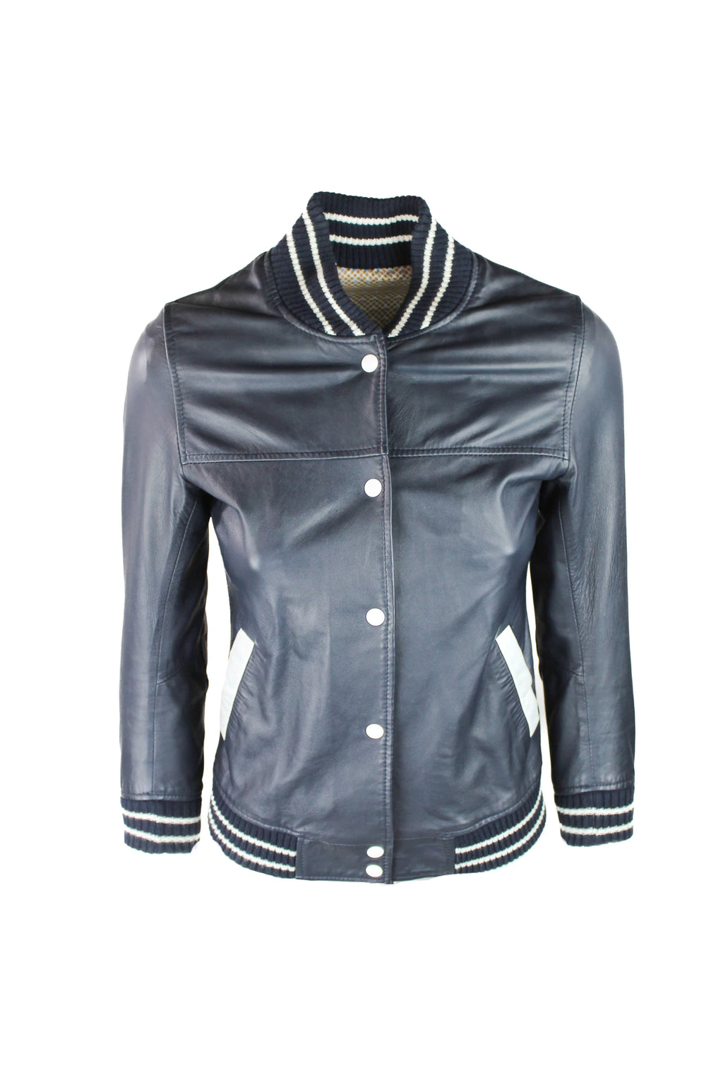 Blue Leather Cropped Bomber Jacket