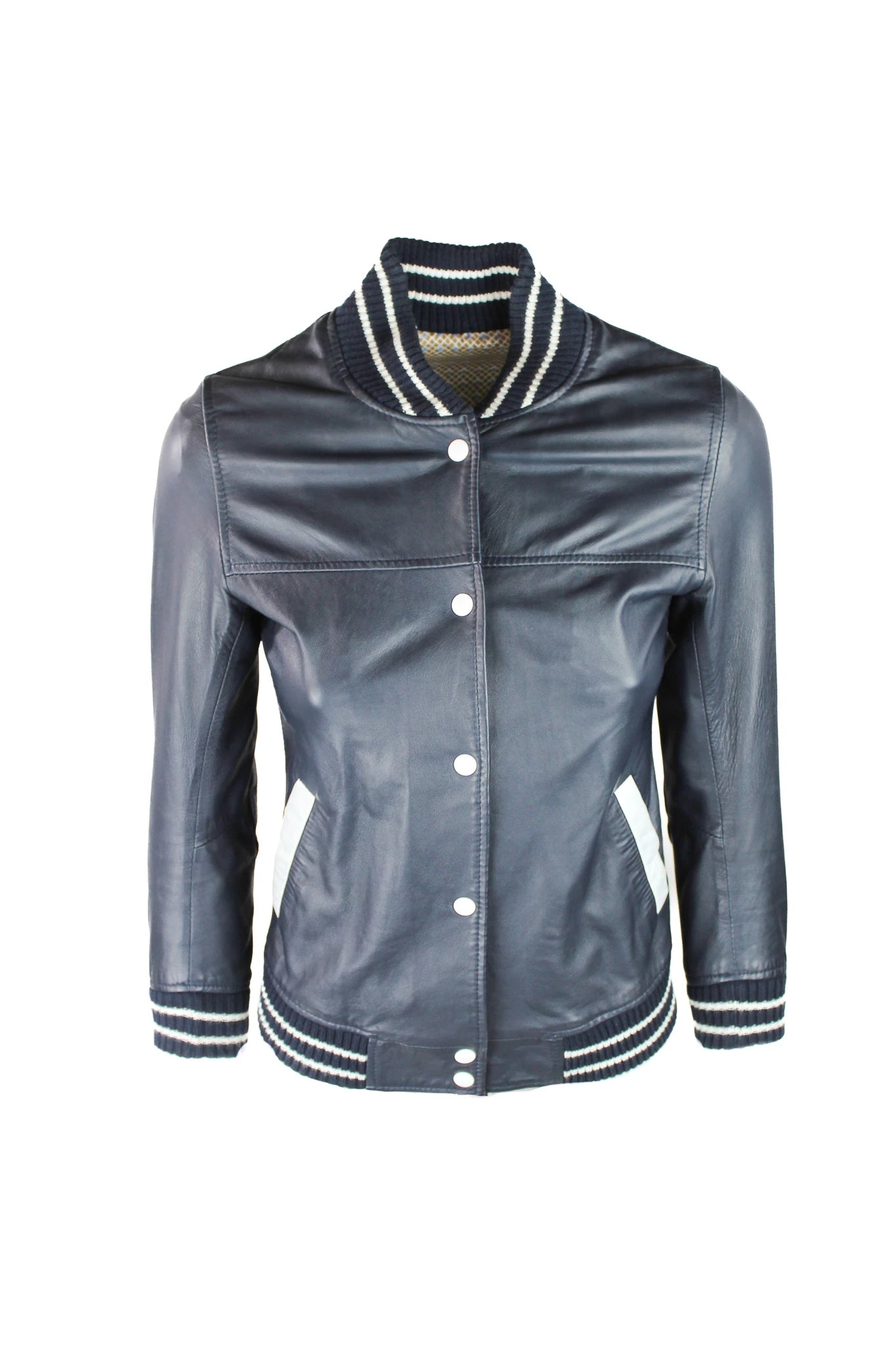 Blue Leather Cropped Bomber Jacket