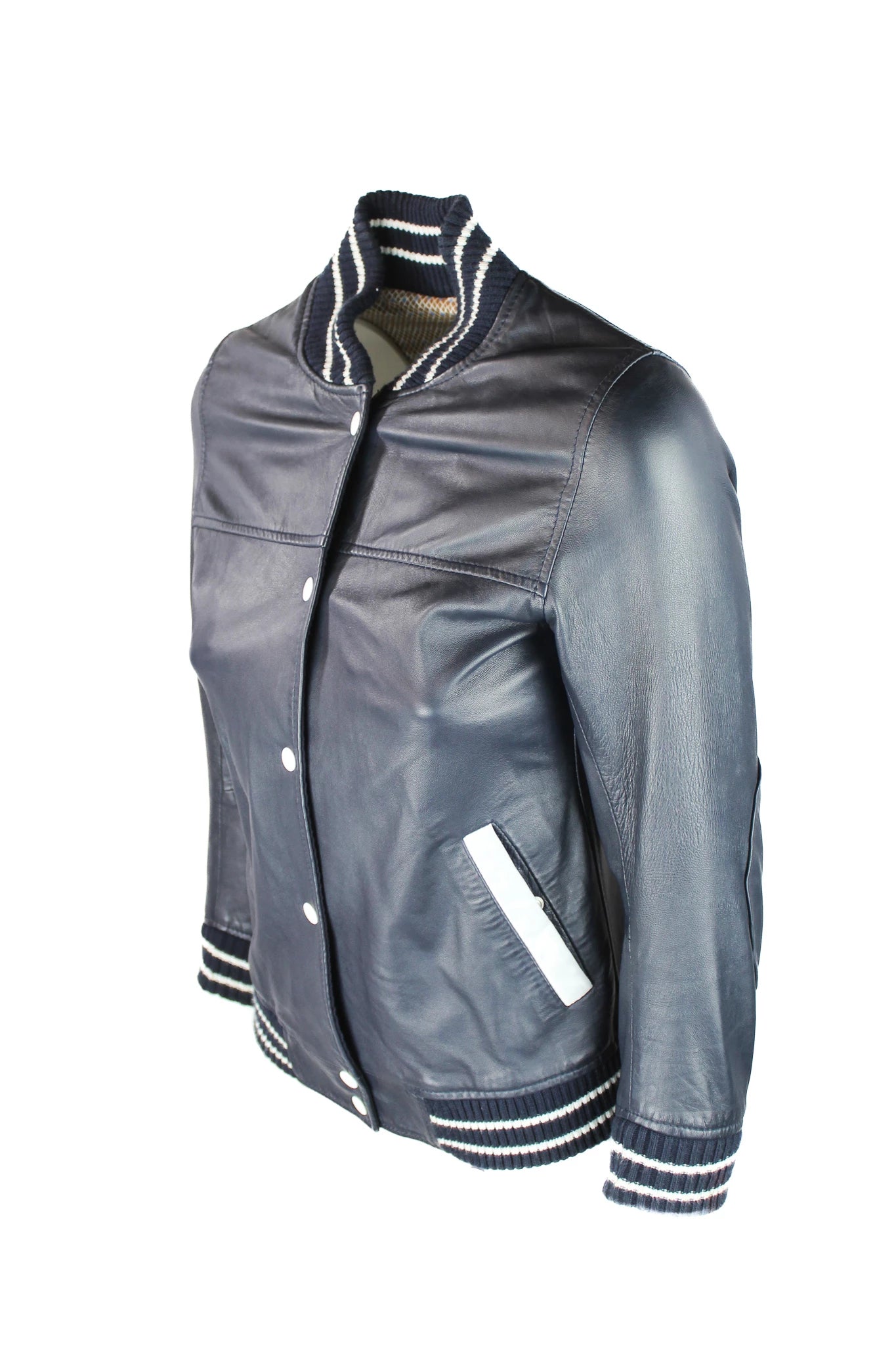 Blue Leather Cropped Bomber Jacket