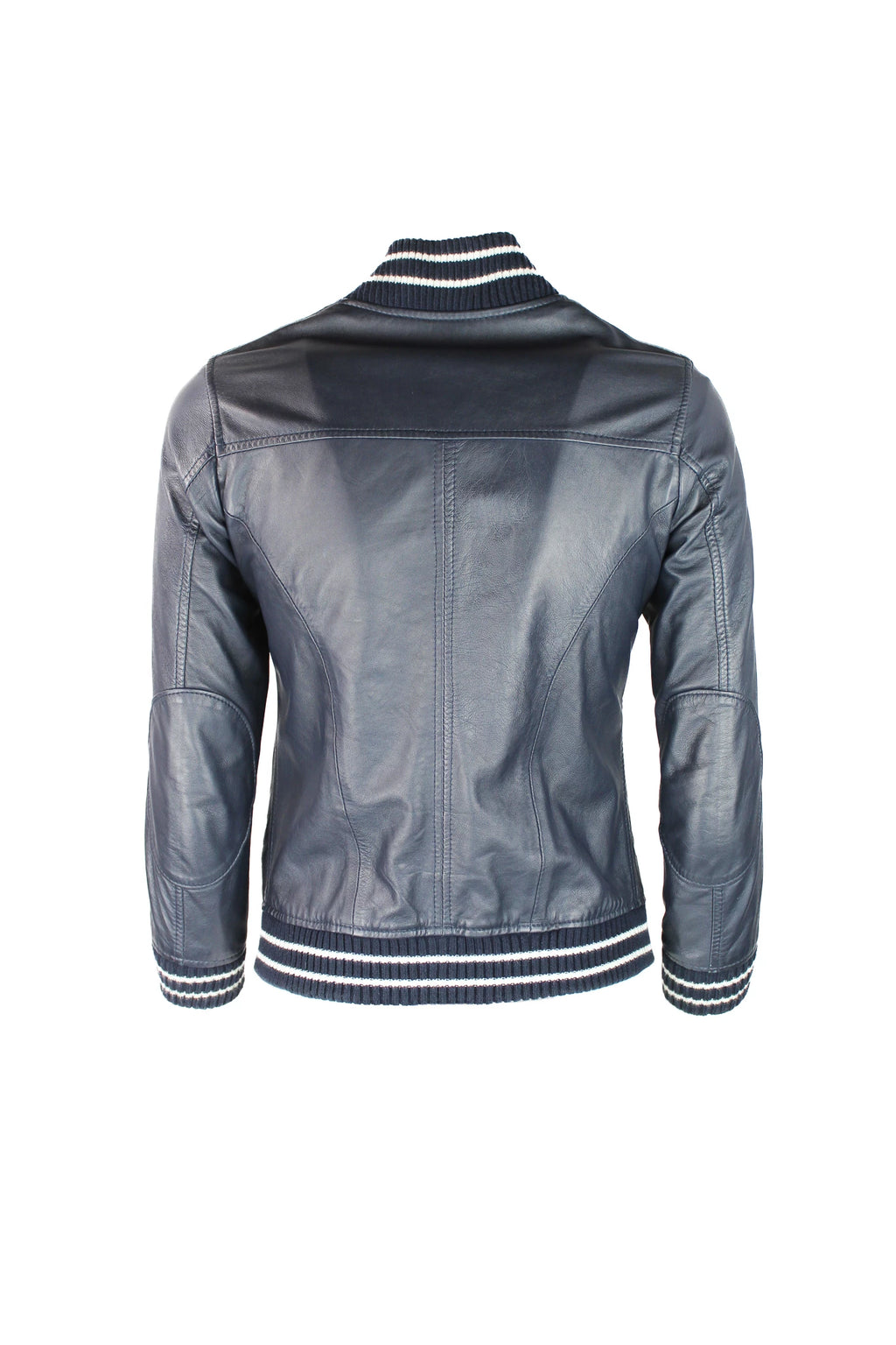 Blue Leather Cropped Bomber Jacket