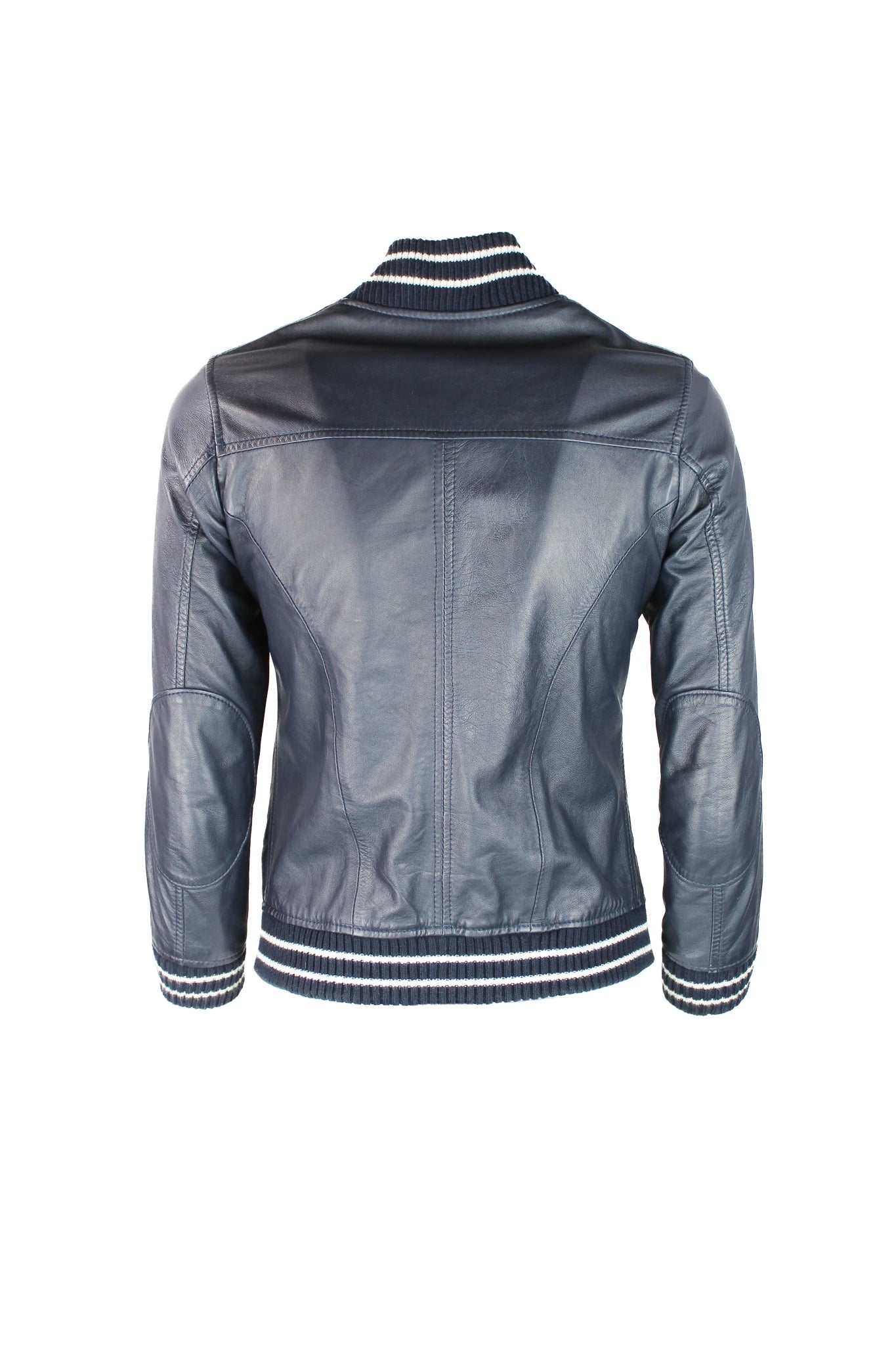 Blue Leather Cropped Bomber Jacket