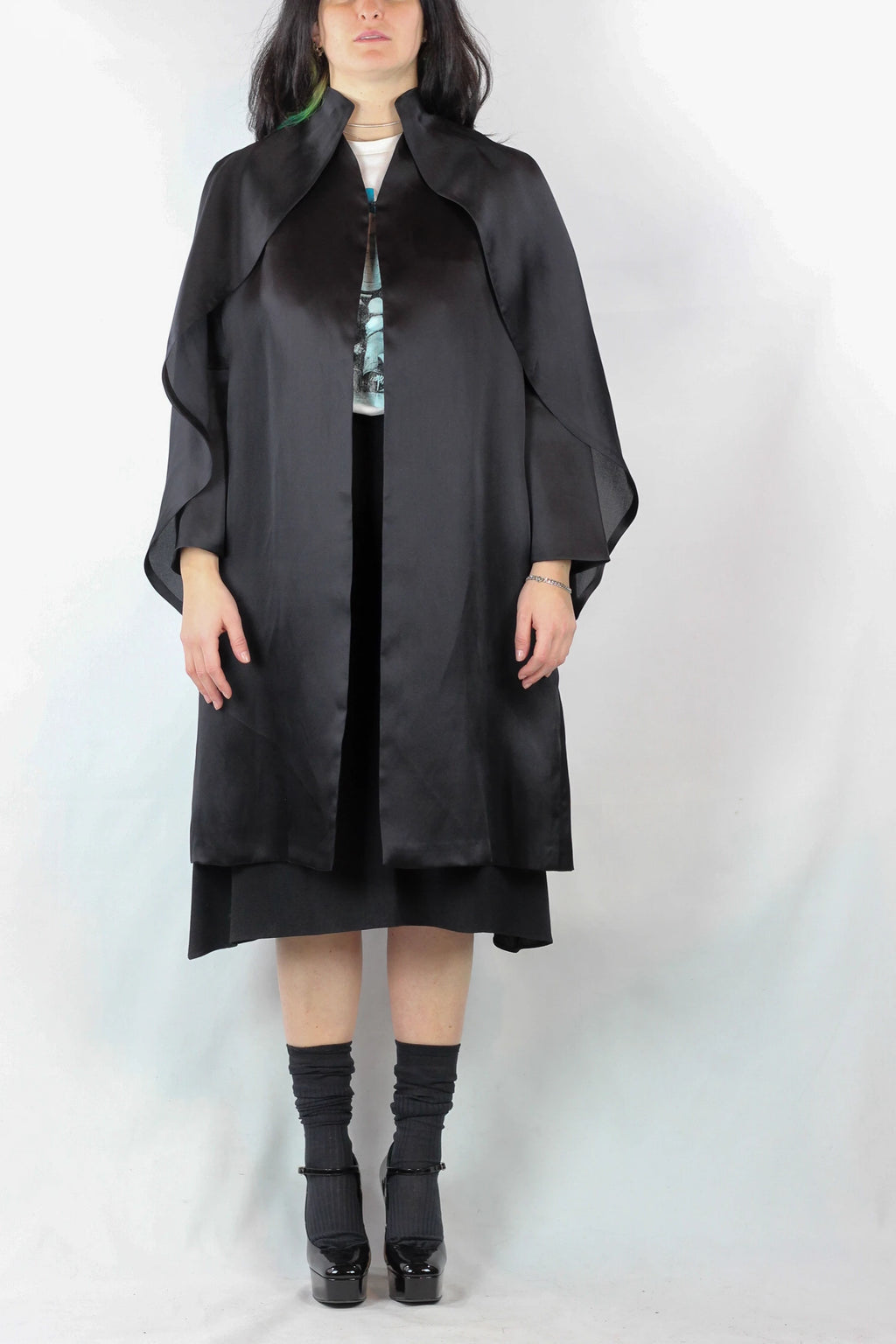 Black Silk Coat with Cape-Style Shoulder Volant