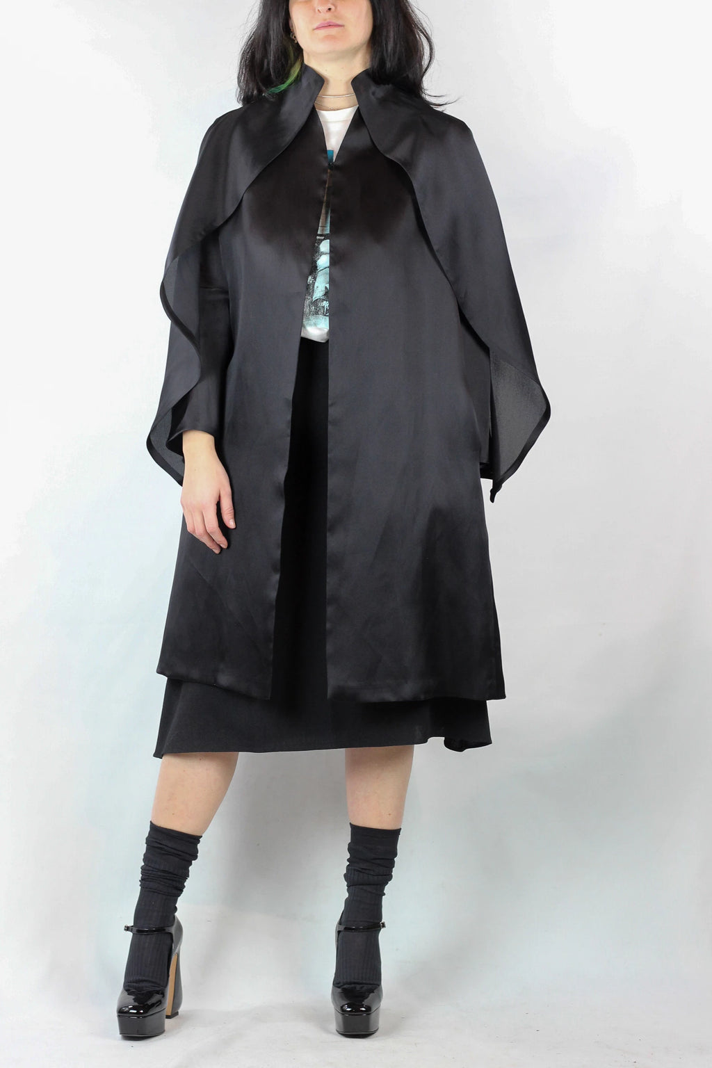Black Silk Coat with Cape-Style Shoulder Volant
