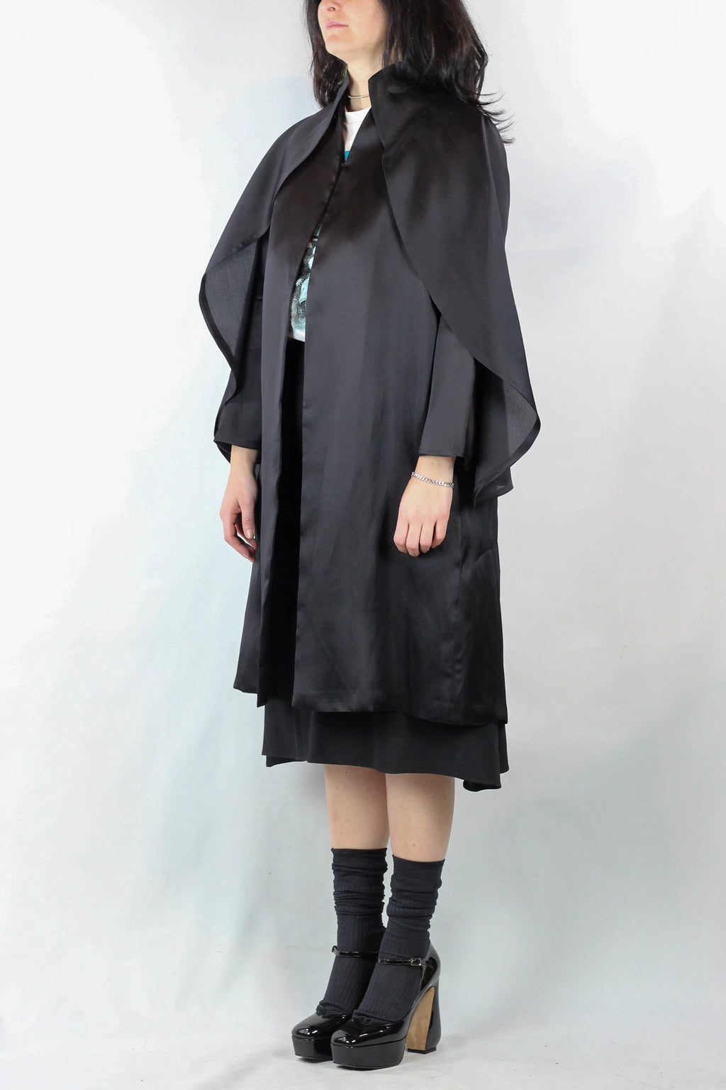 Black Silk Coat with Cape-Style Shoulder Volant