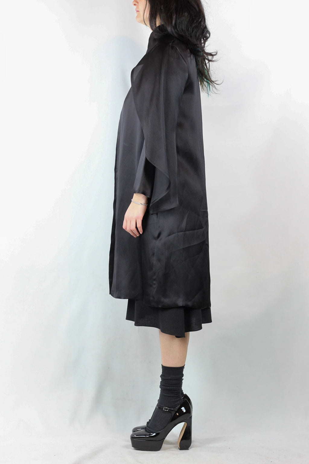 Black Silk Coat with Cape-Style Shoulder Volant