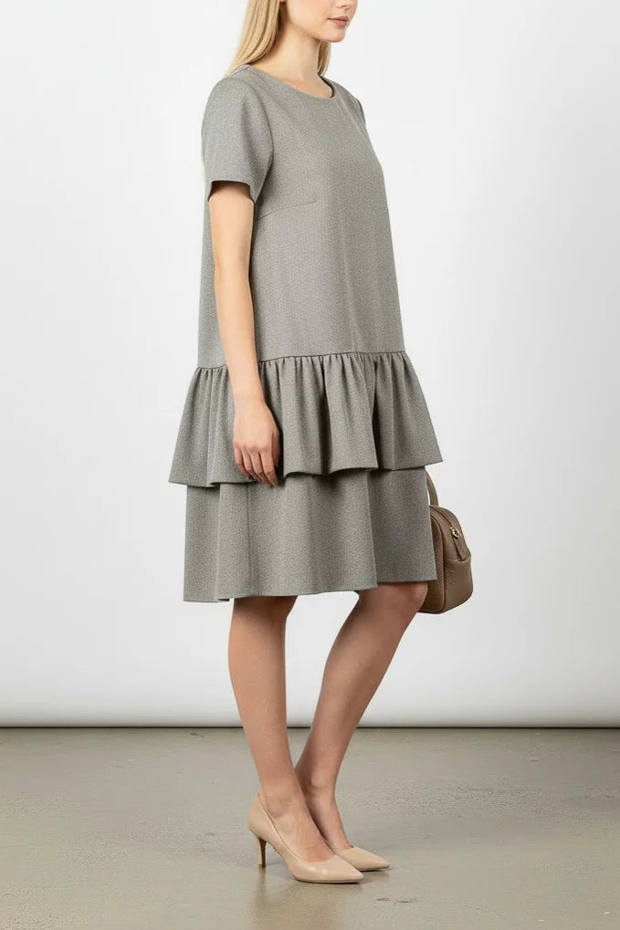 Tiered Ruffle Wool Dress in Grey