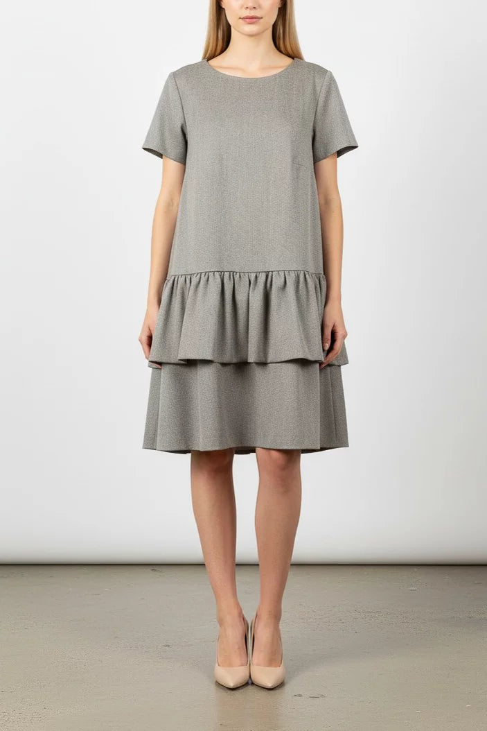 Tiered Ruffle Wool Dress in Grey